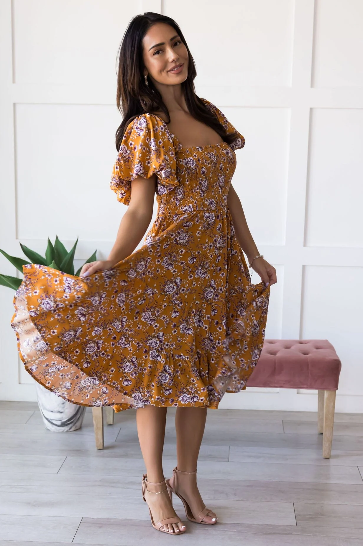 The Carolleen Pumpkin Floral Dresses - XNAUWBI