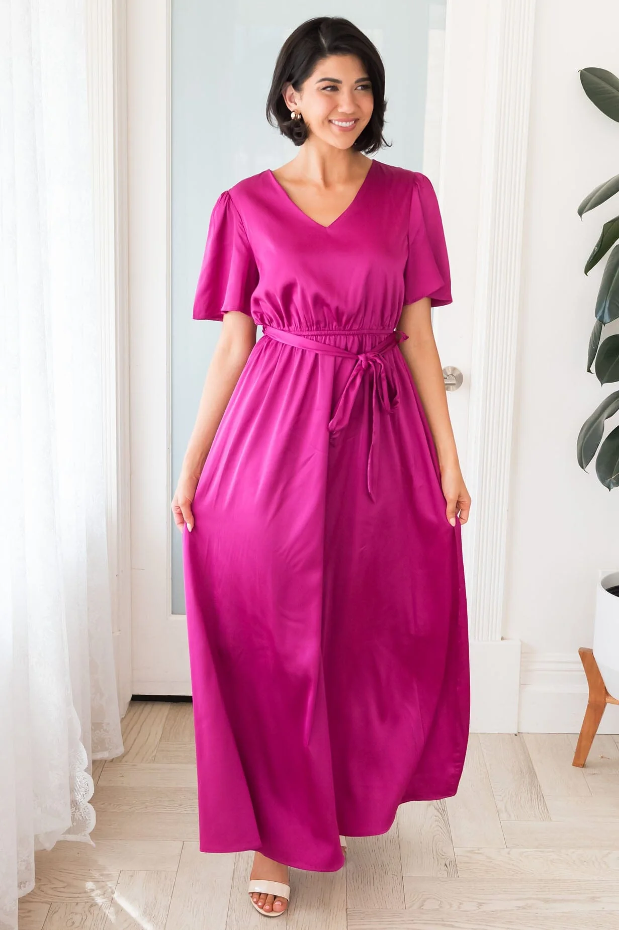The Mathilda Magenta Lustre Shiny Satin Dresses - XNAUWBI