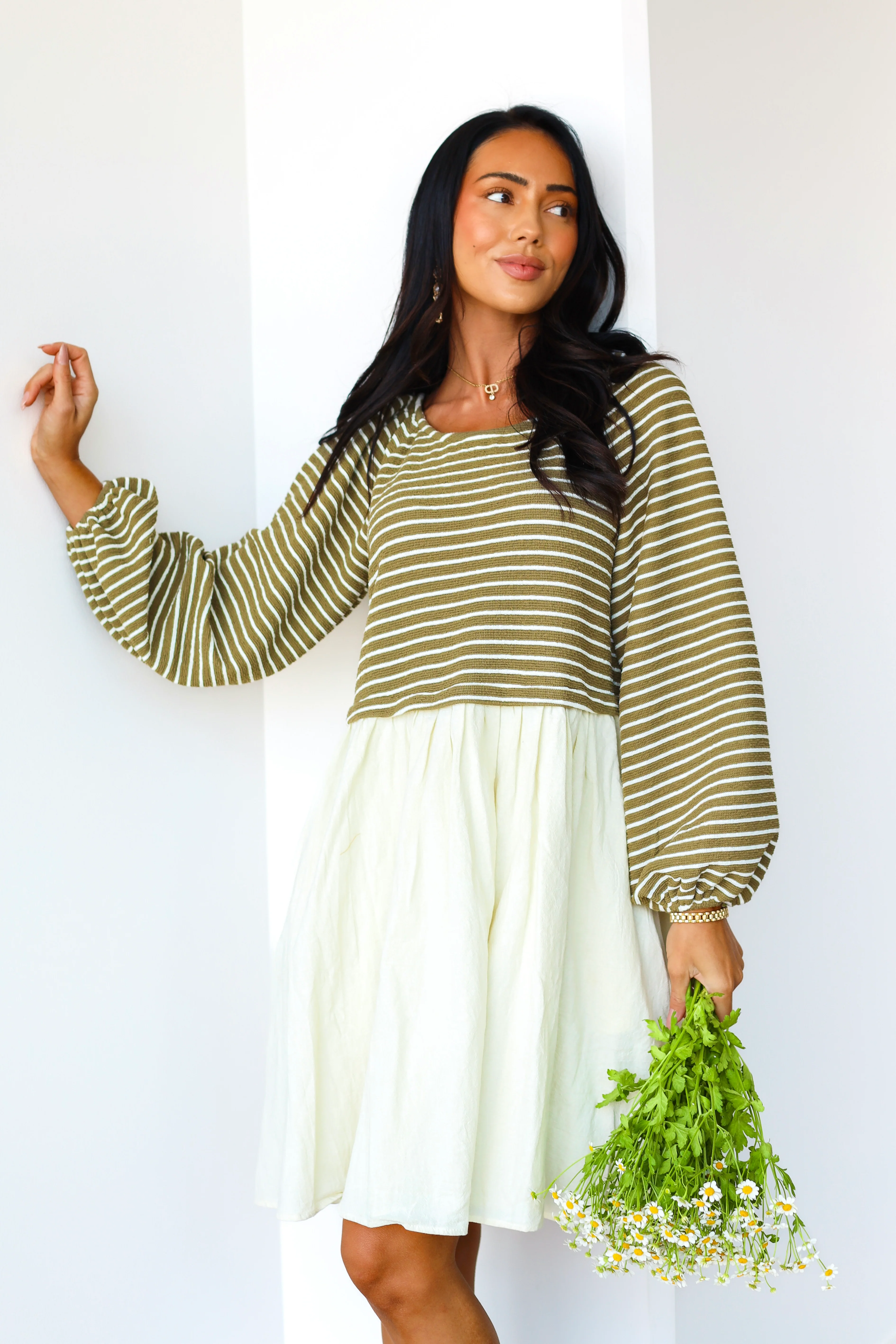 The Dawn Olive Stripe Dresses - XNAUWBI