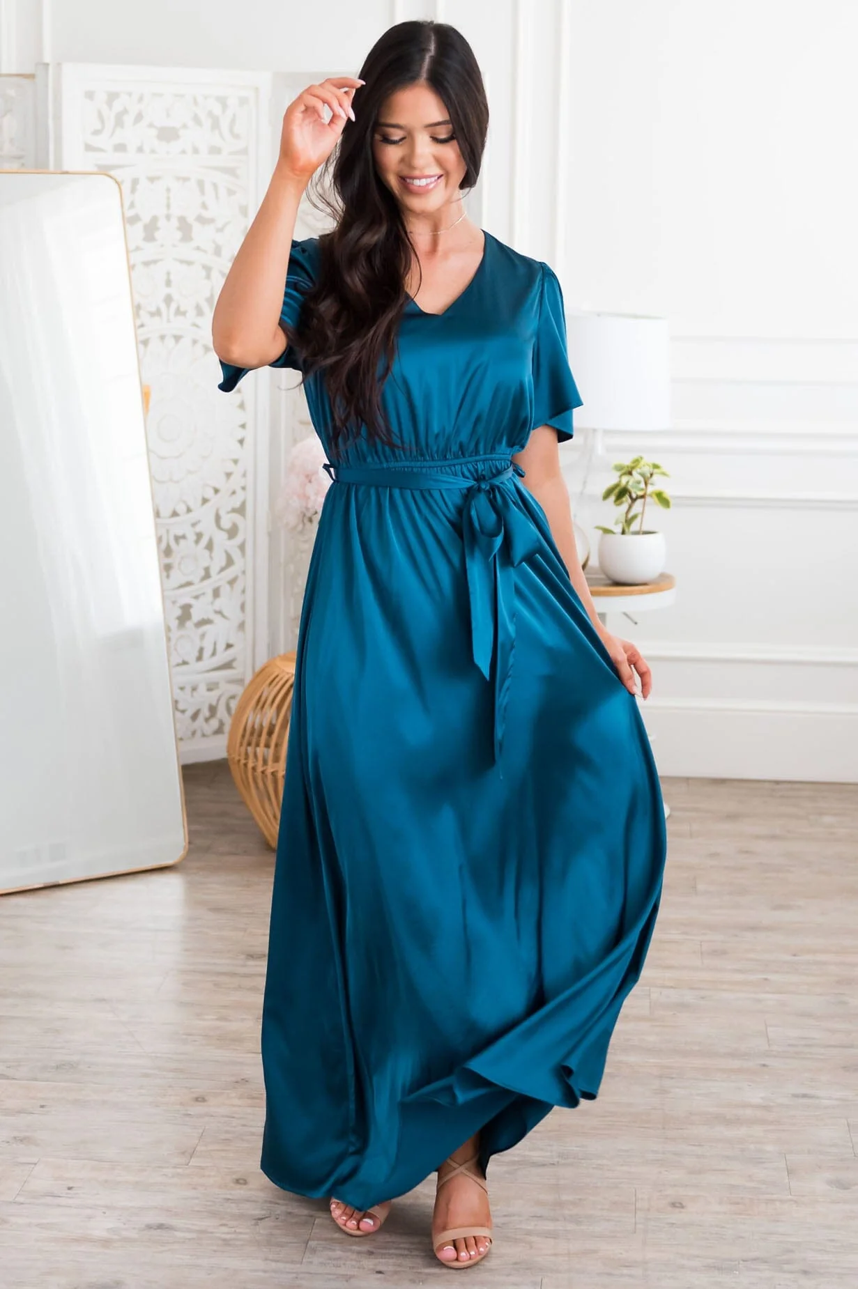 The Mathilda Teal Lustre Shiny Satin Dresses - XNAUWBI
