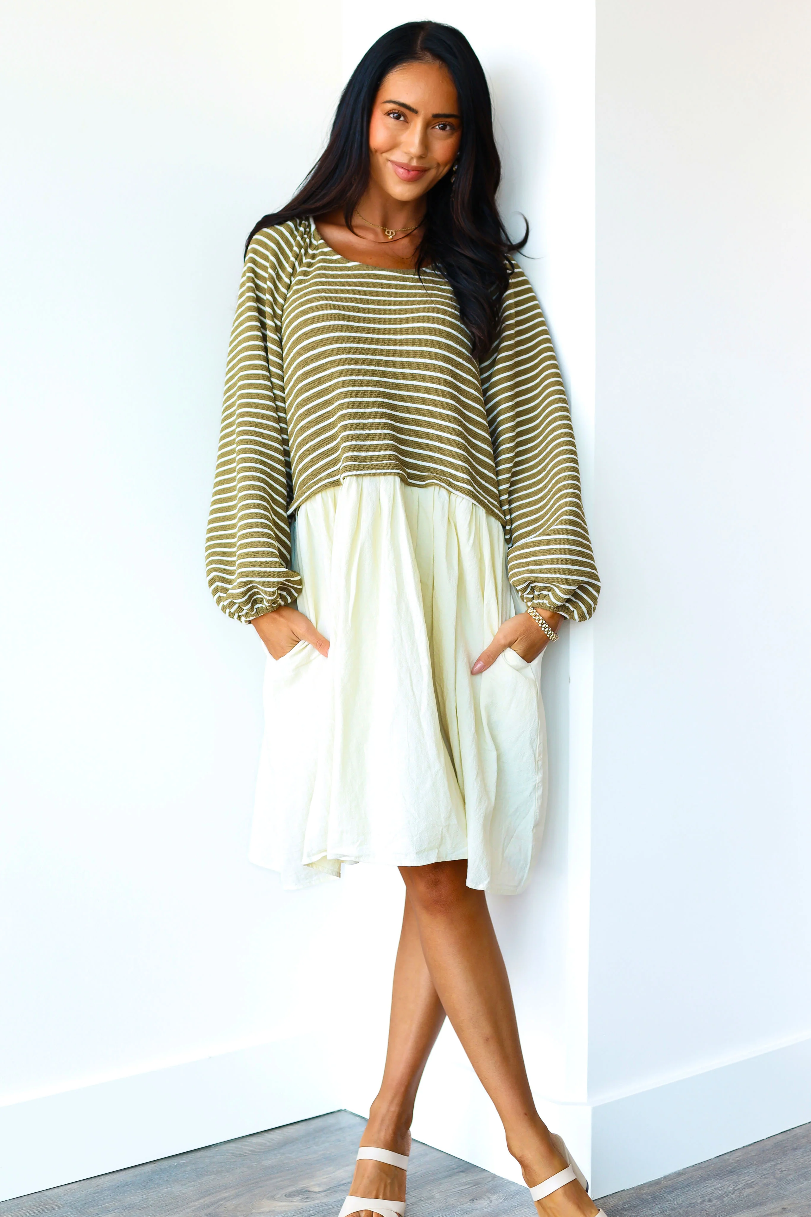 The Dawn Olive Stripe Dresses - XNAUWBI