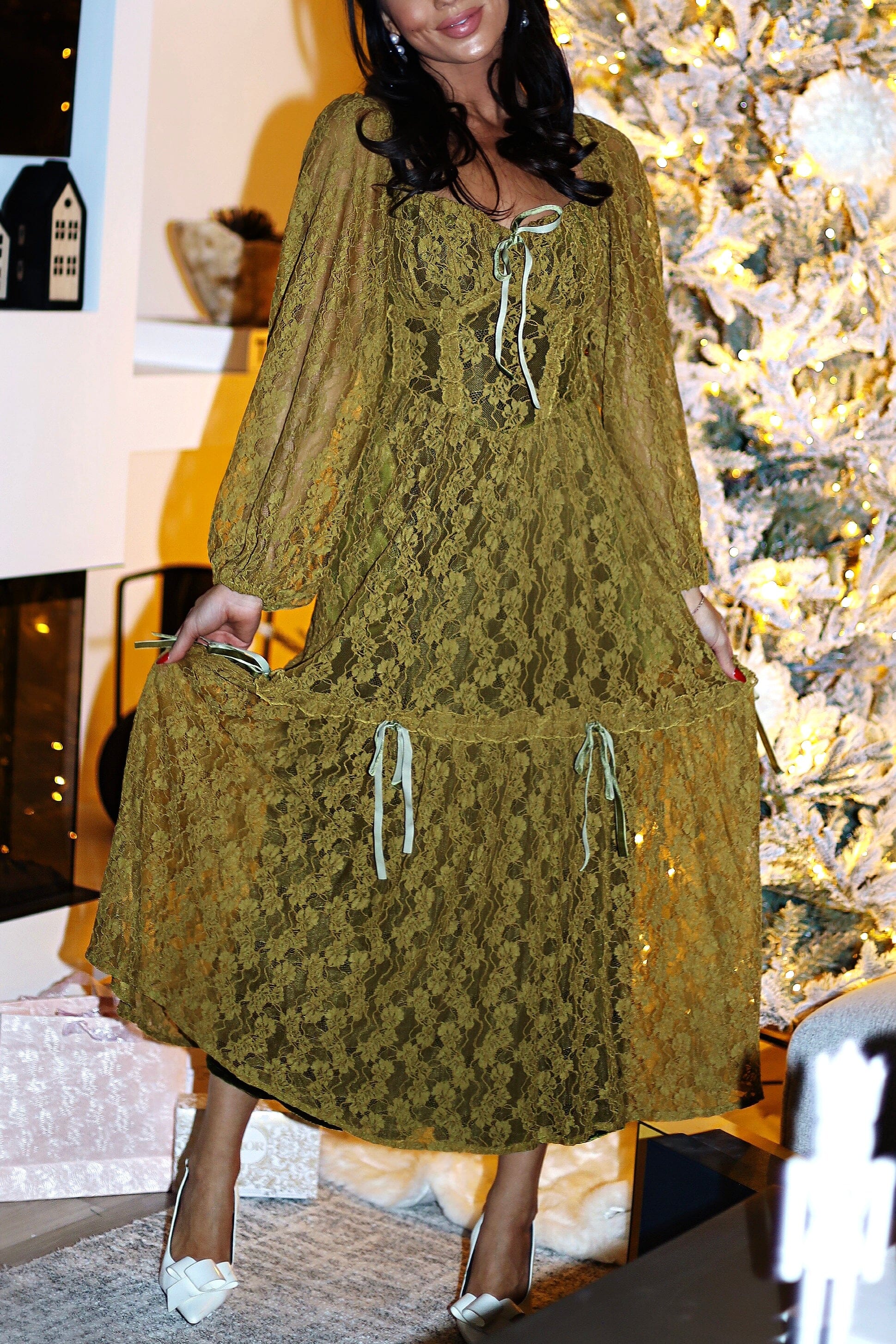 The Halina Olive Velvet Lace Dresses - XNAUWBI