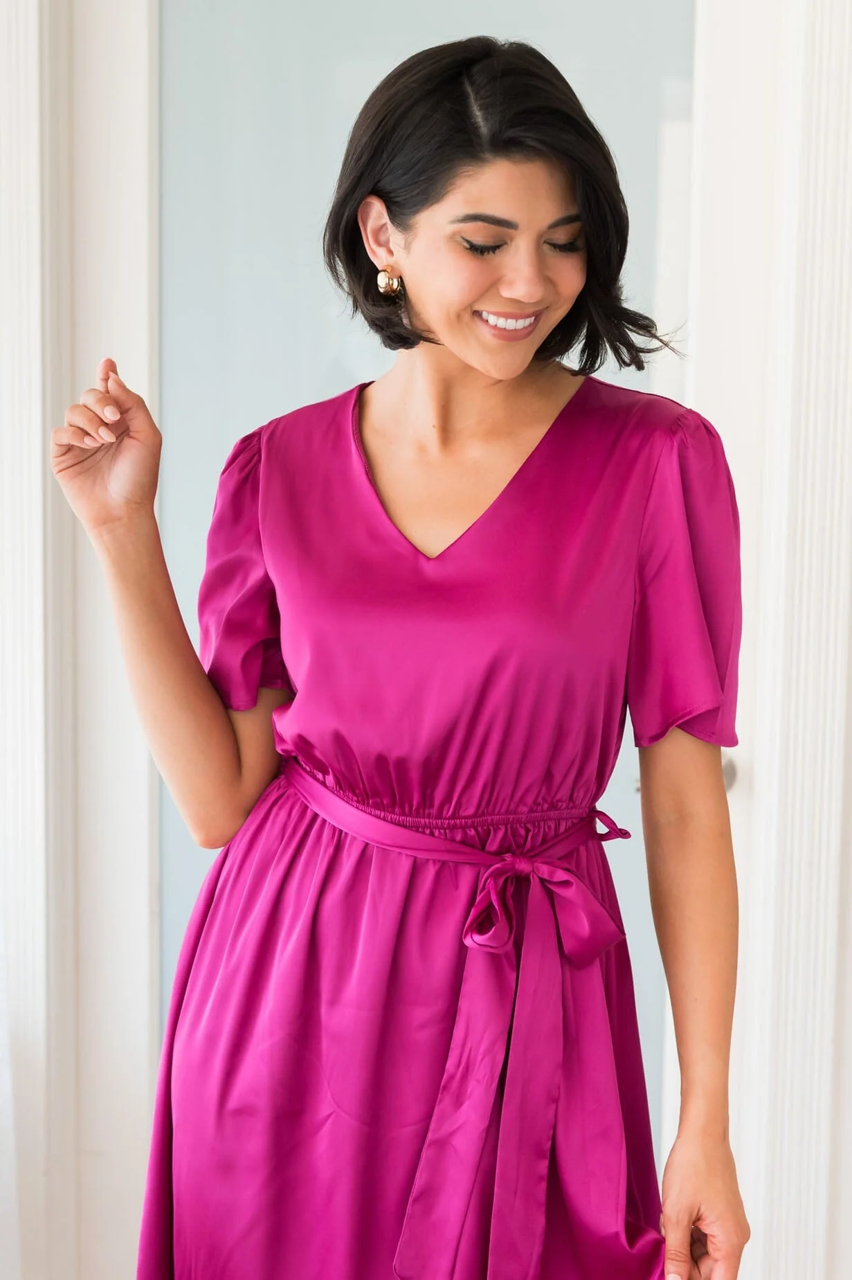 The Mathilda Magenta Lustre Shiny Satin Dresses - XNAUWBI