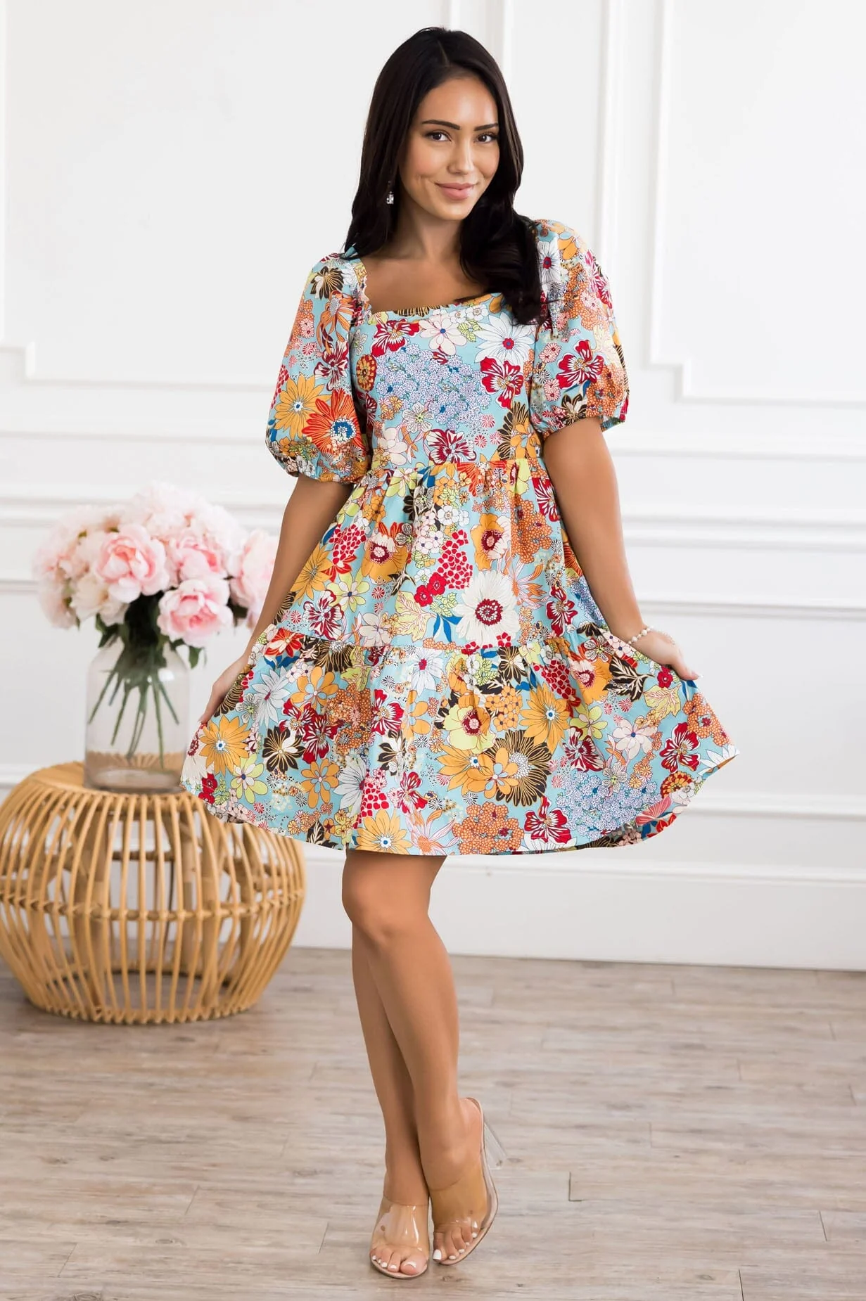 The Hannon Aqua/Red/White/Mustard Floral Dresses - XNAUWBI