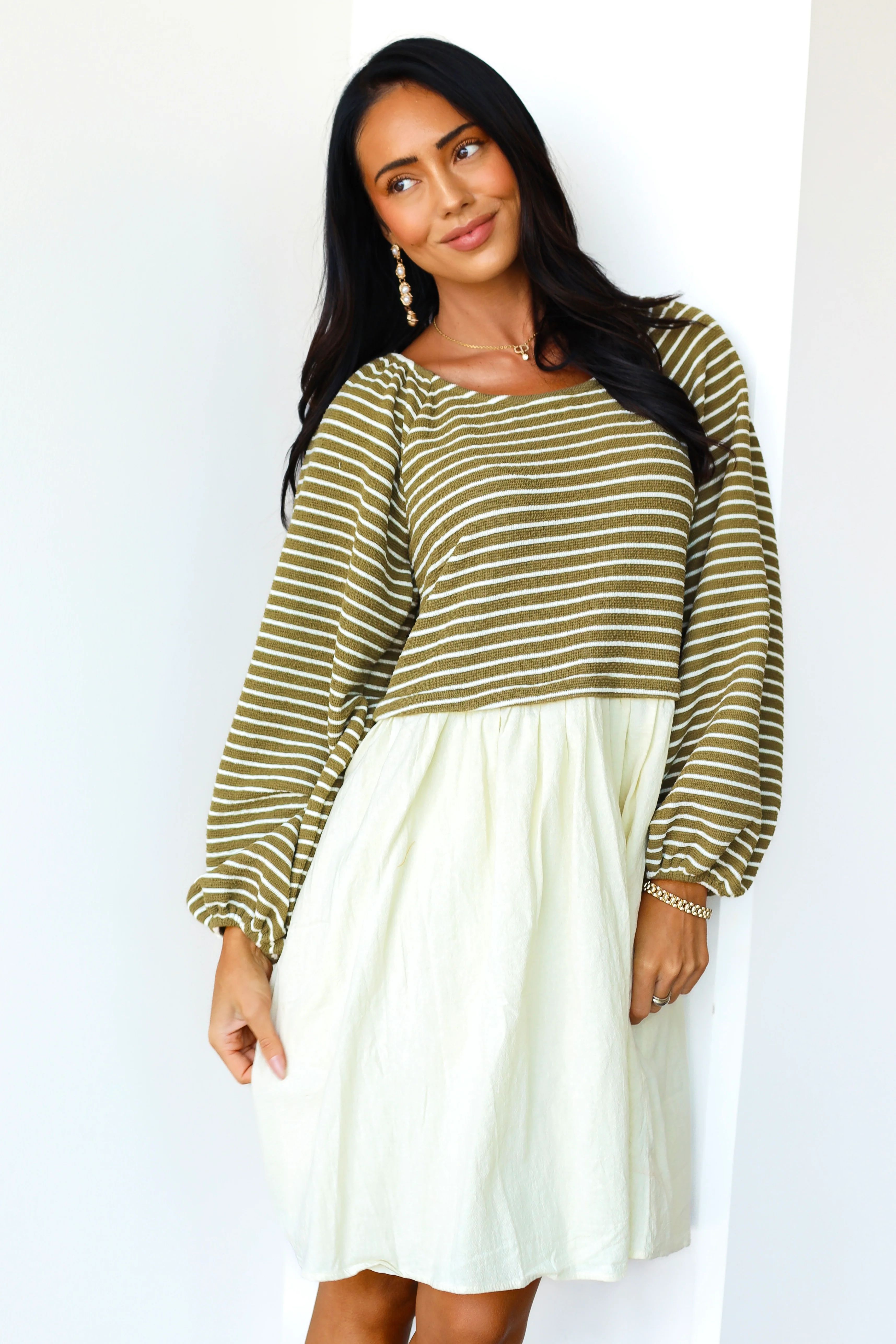 The Dawn Olive Stripe Dresses - XNAUWBI