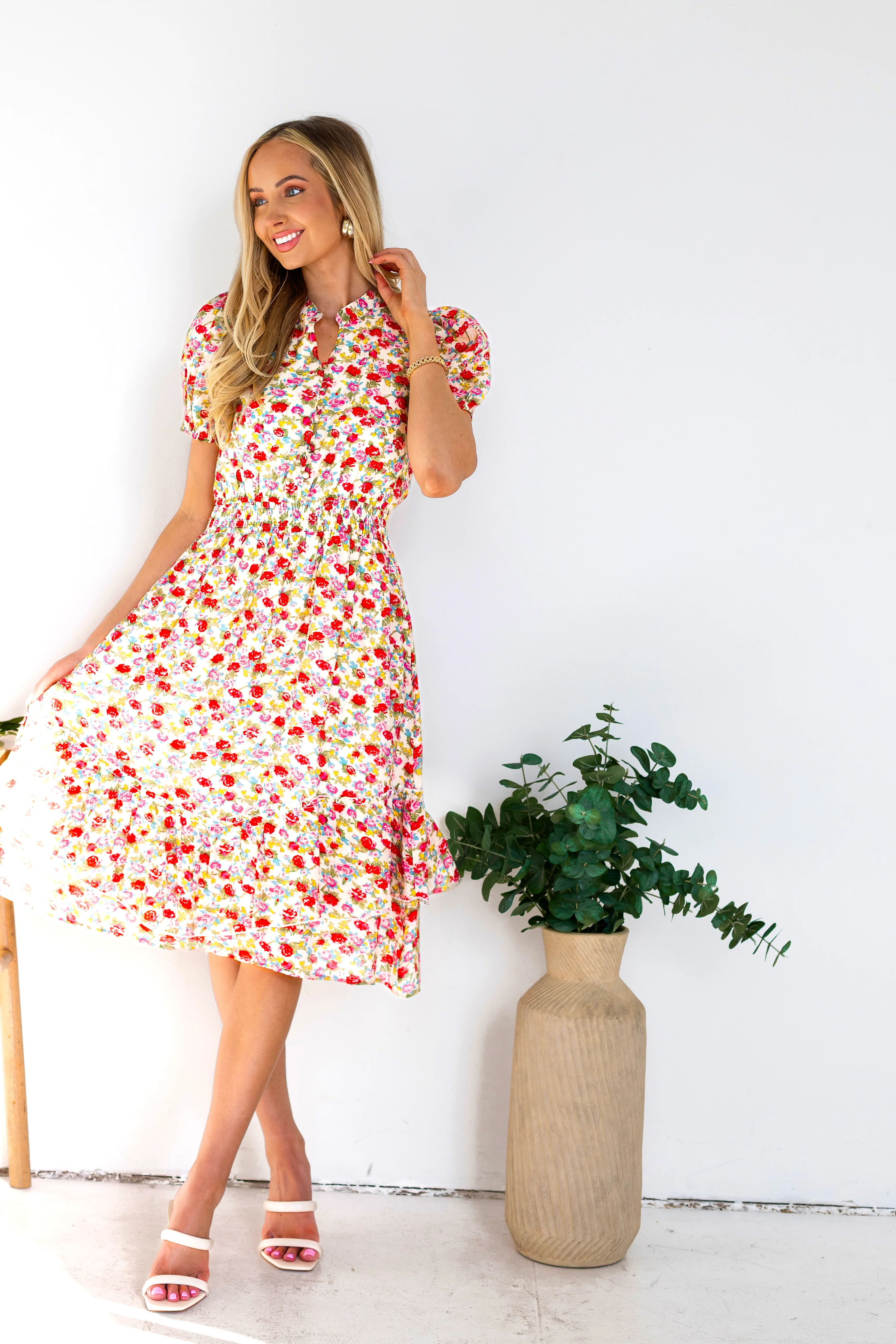 The Candi Cream/Pink Floral Dresses - XNAUWBI