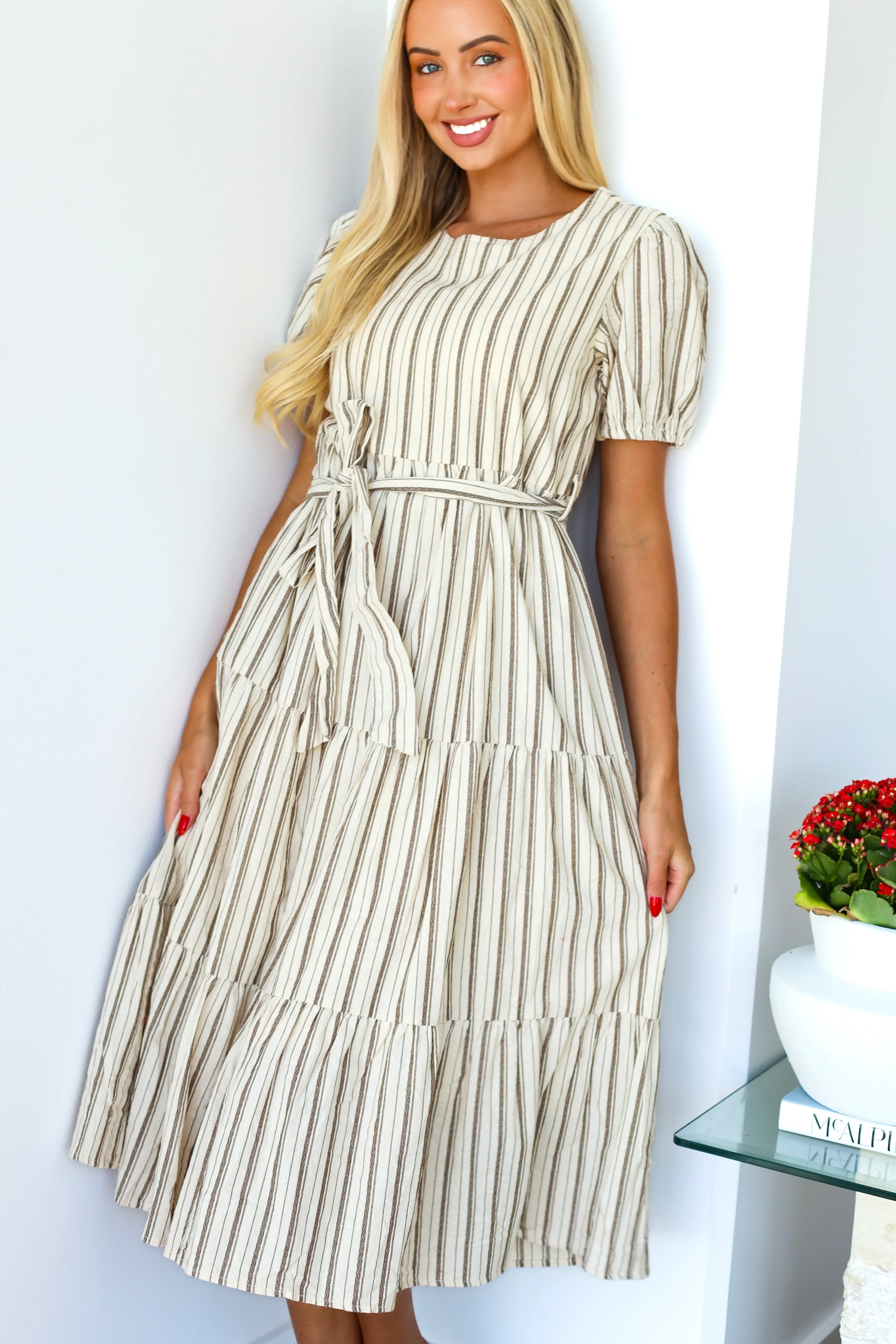The Wailynn Ivory/Brown Stripe Dresses - XNAUWBI