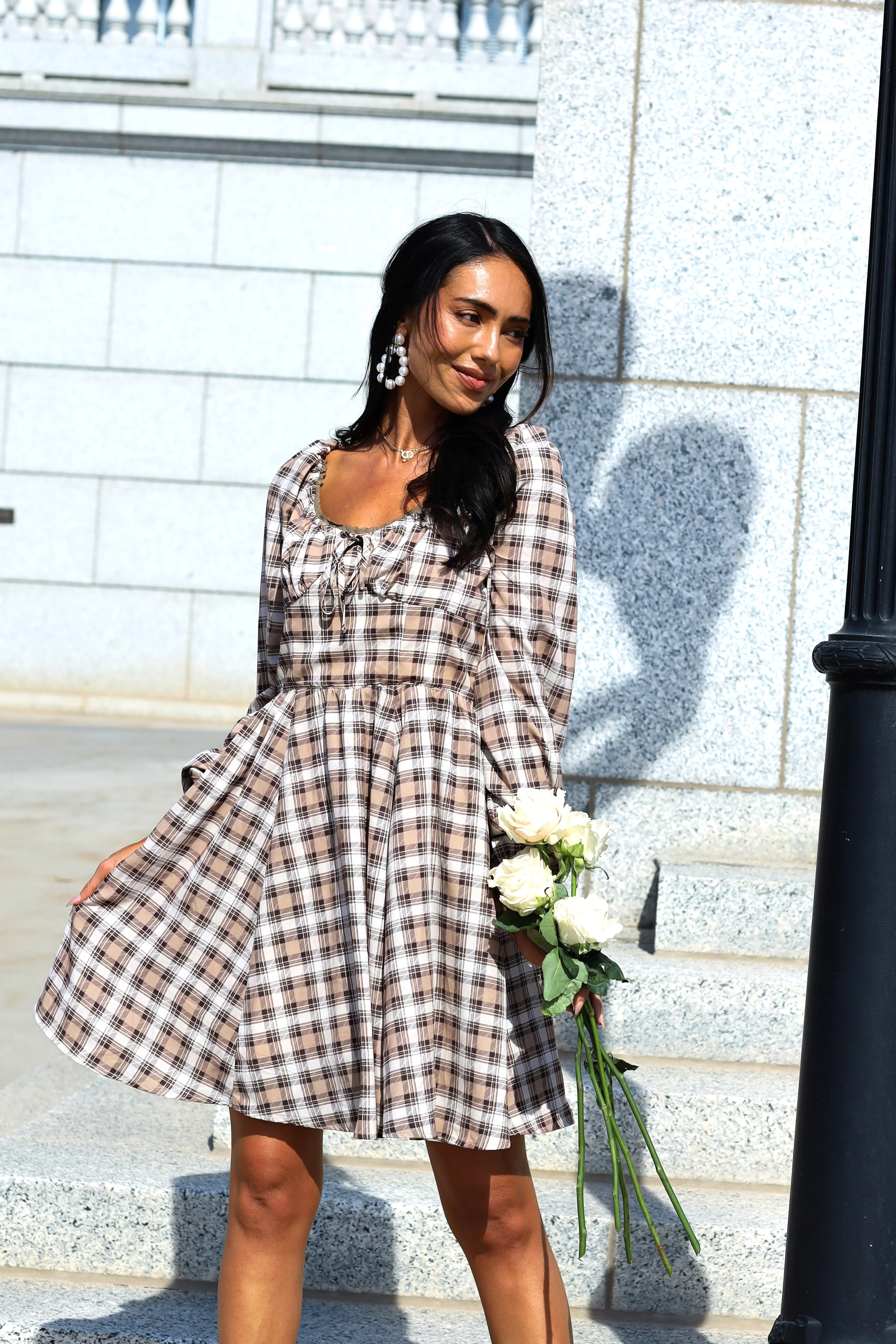 The Lionne Brown/Taupe/Beige Plaid Dresses - XNAUWBI