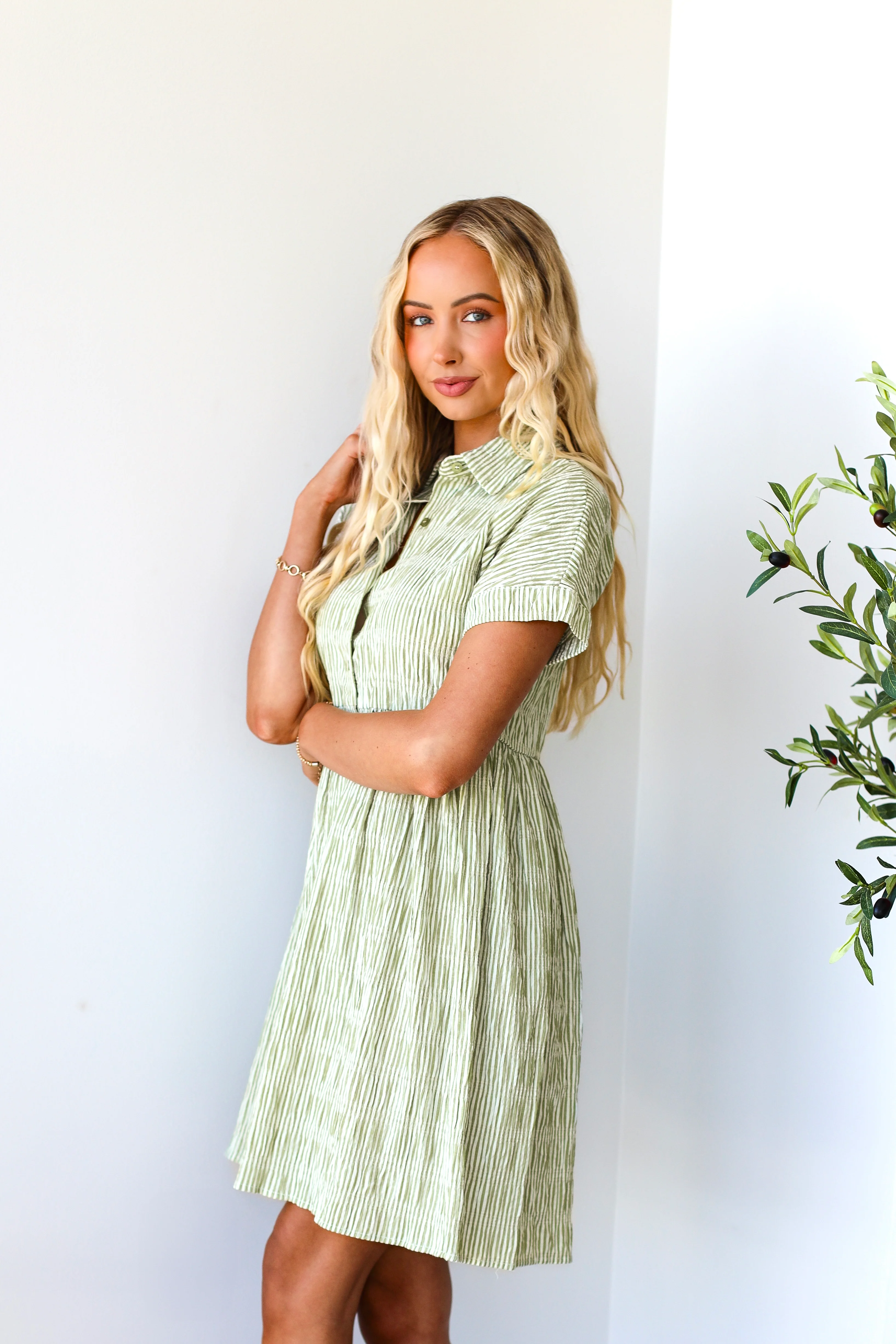 The Blanche Olive Stripe Dresses - XNAUWBI