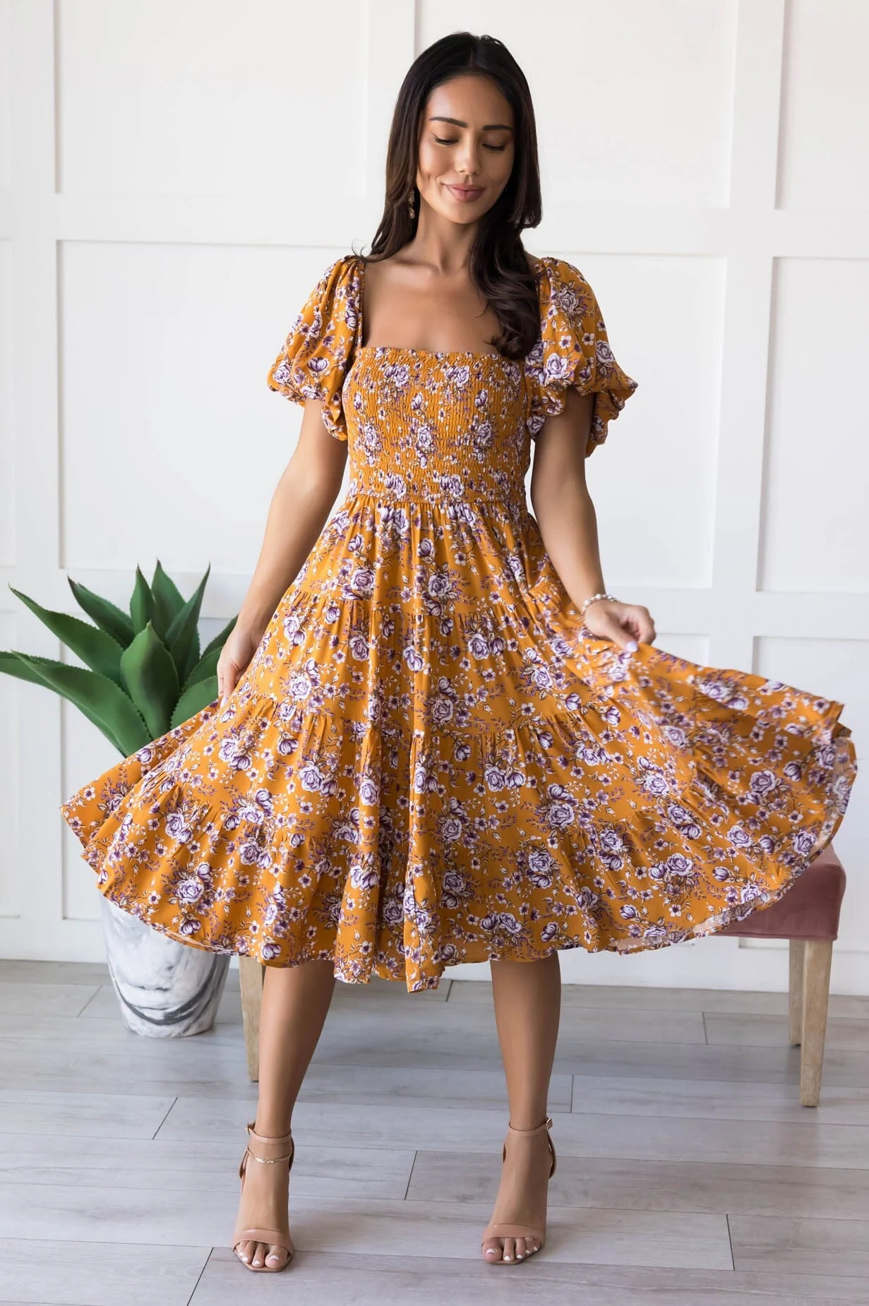 The Carolleen Pumpkin Floral Dresses - XNAUWBI