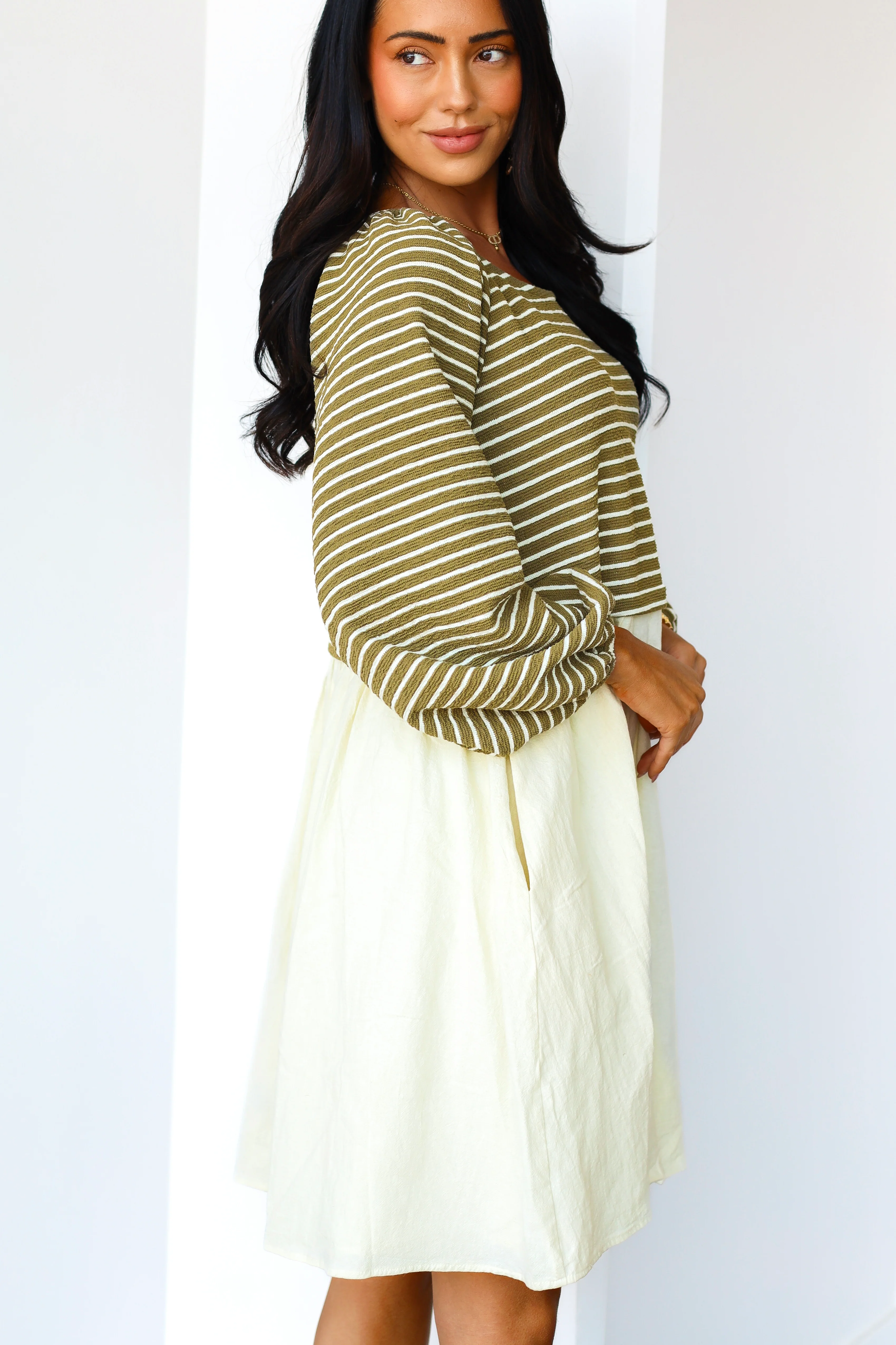 The Dawn Olive Stripe Dresses - XNAUWBI