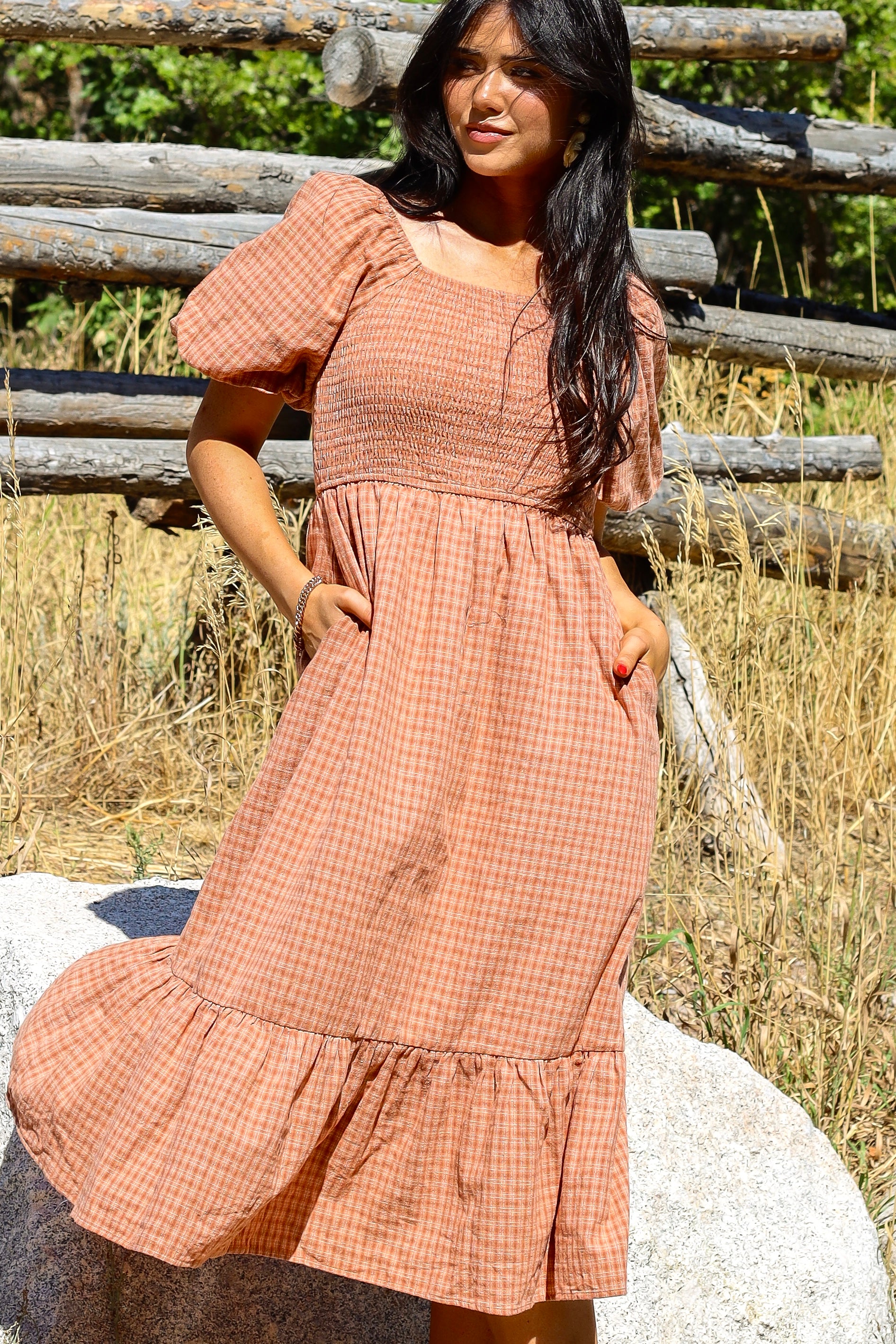 The Azra Light/Dark Clay Gingham Dresses - XNAUWBI