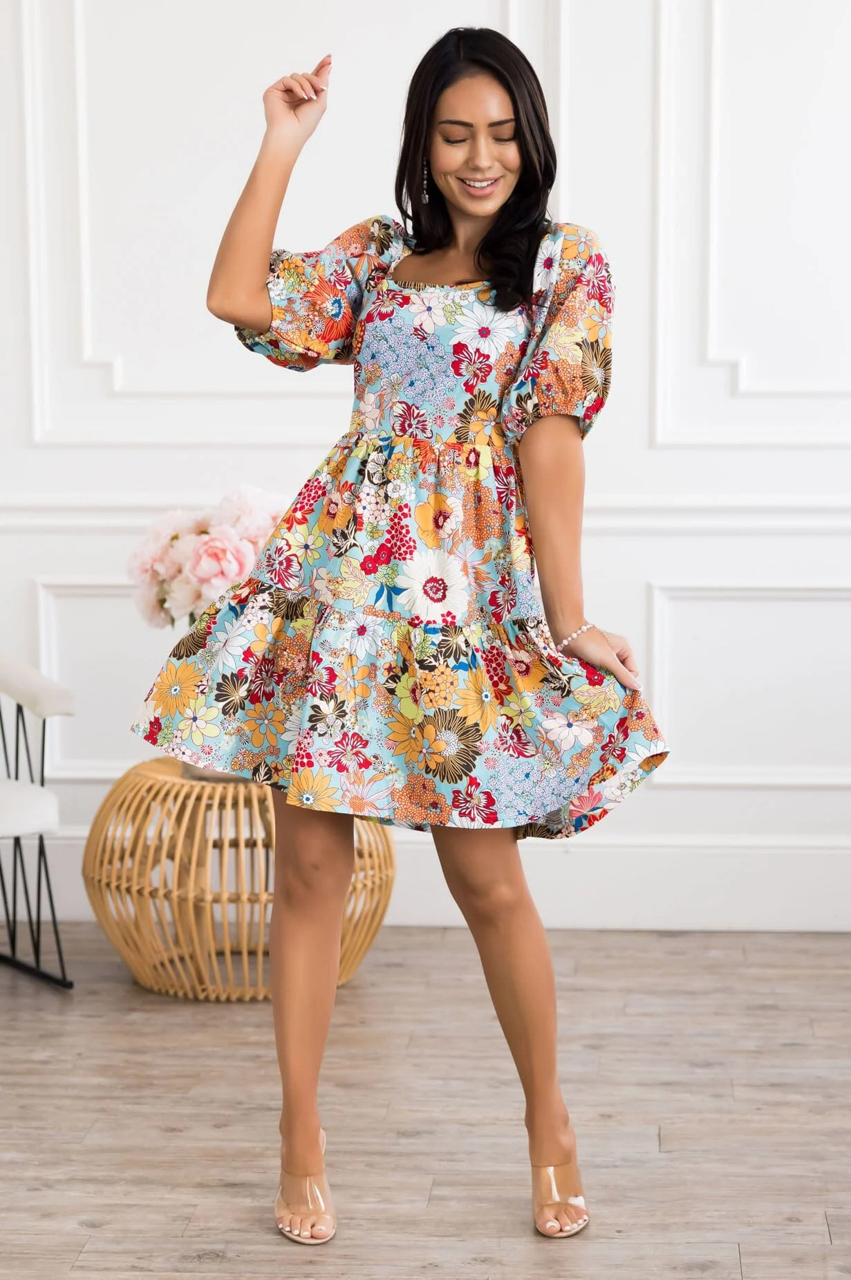 The Hannon Aqua/Red/White/Mustard Floral Dresses - XNAUWBI