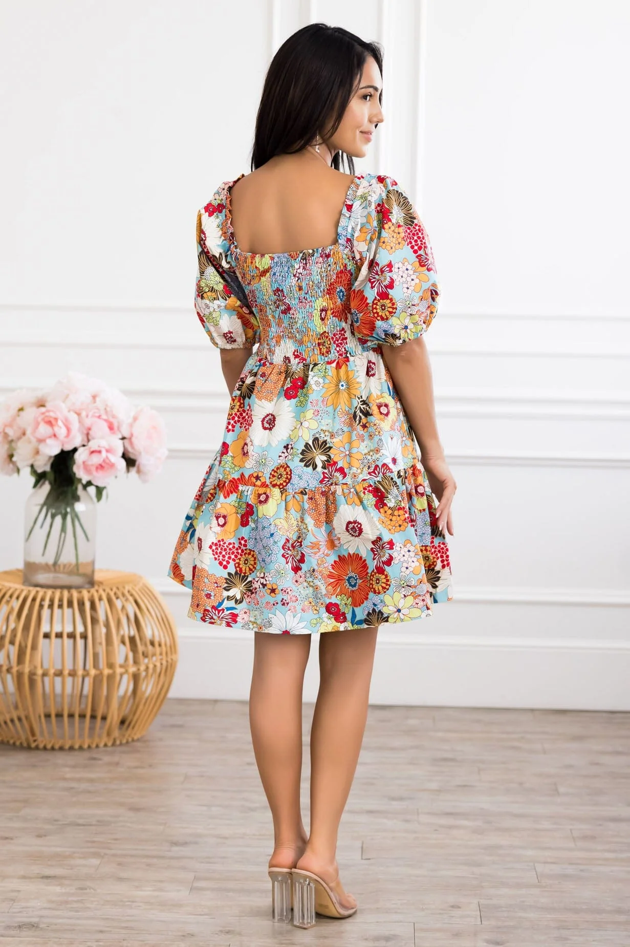 The Hannon Aqua/Red/White/Mustard Floral Dresses - XNAUWBI