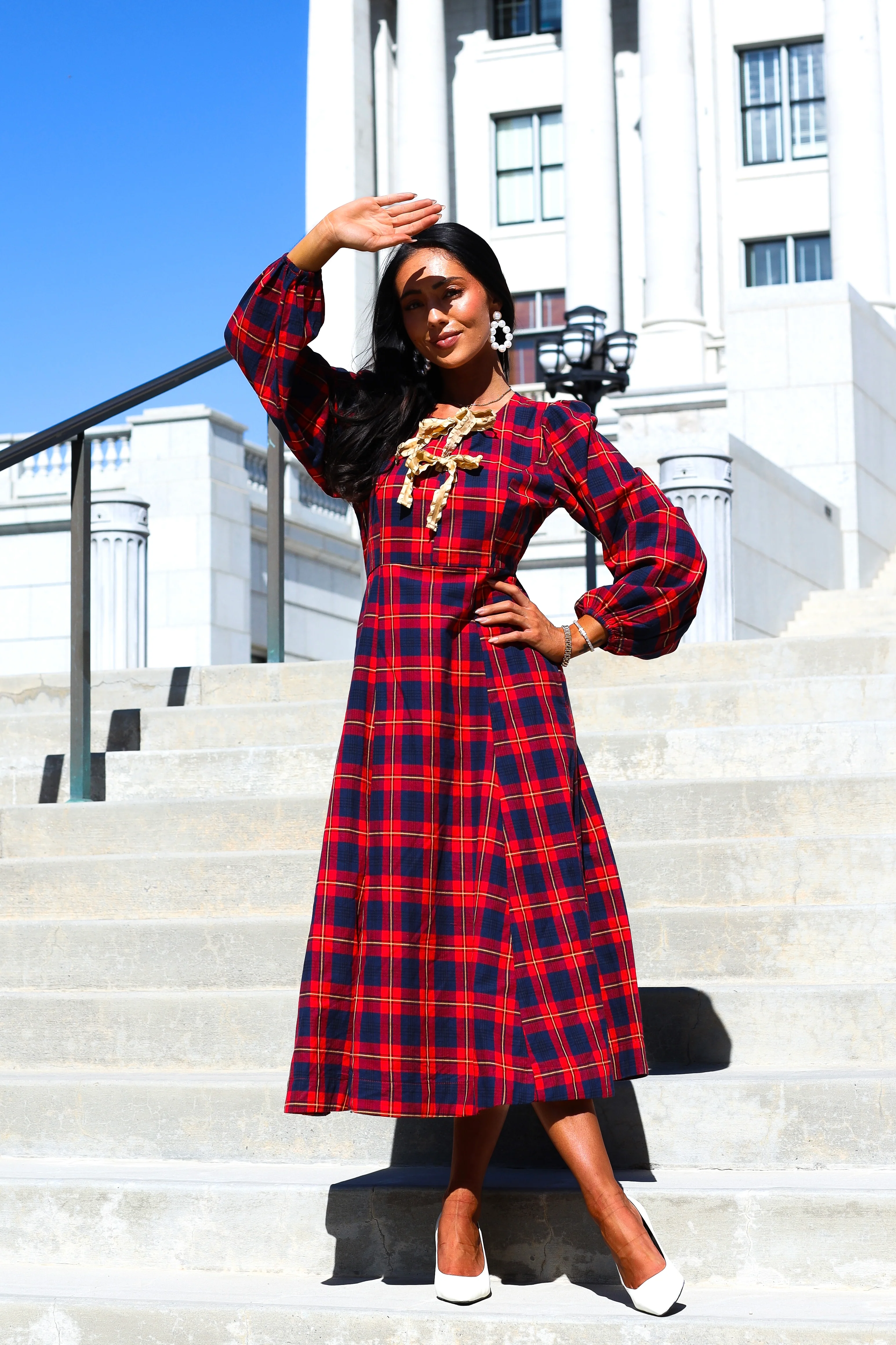 The Joans Holly Red/Navy/Gold Plaid Dresses - XNAUWBI