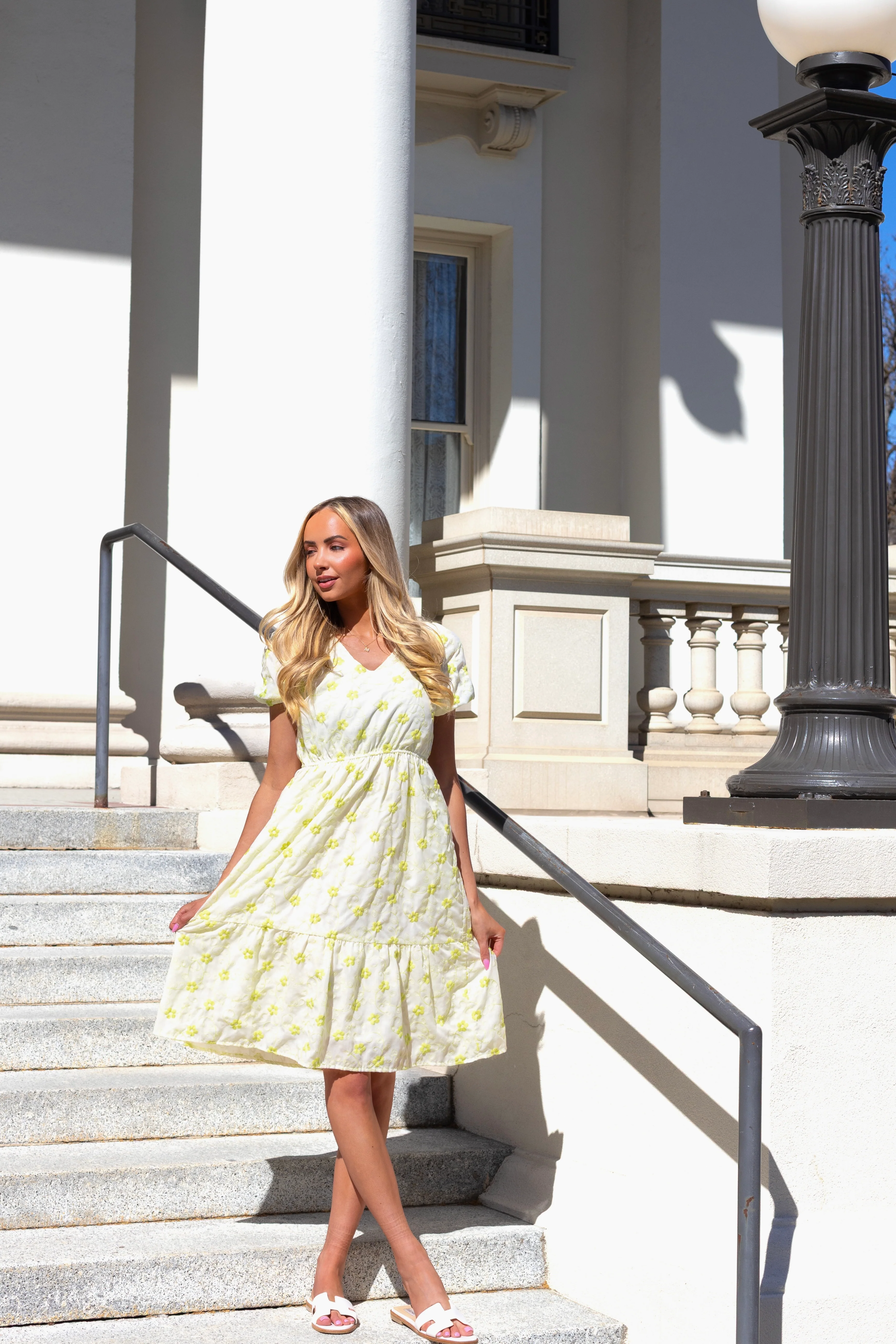 The Coralynn White/Lime Embroidered Floral Dresses - XNAUWBI