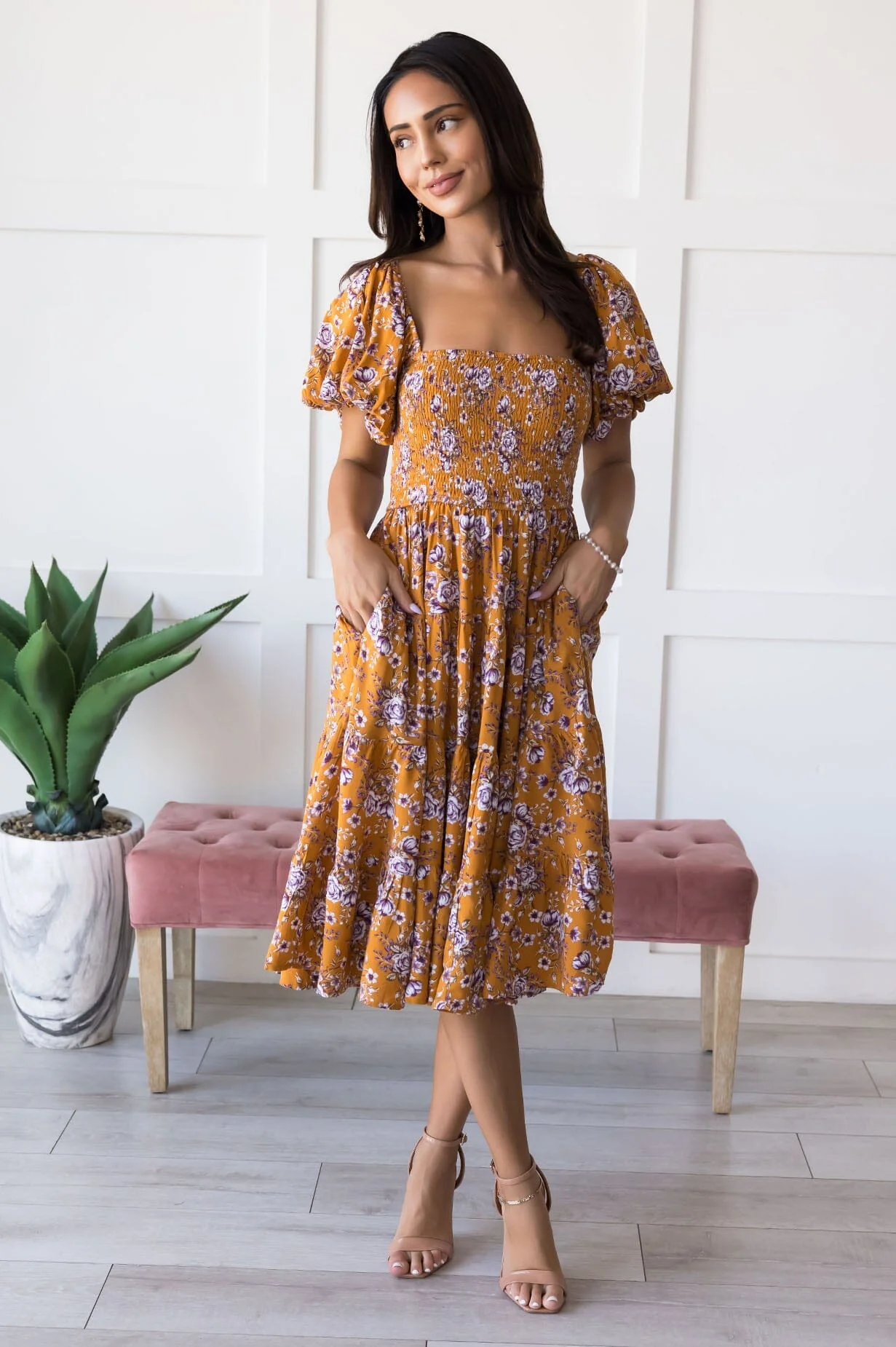 The Carolleen Pumpkin Floral Dresses - XNAUWBI