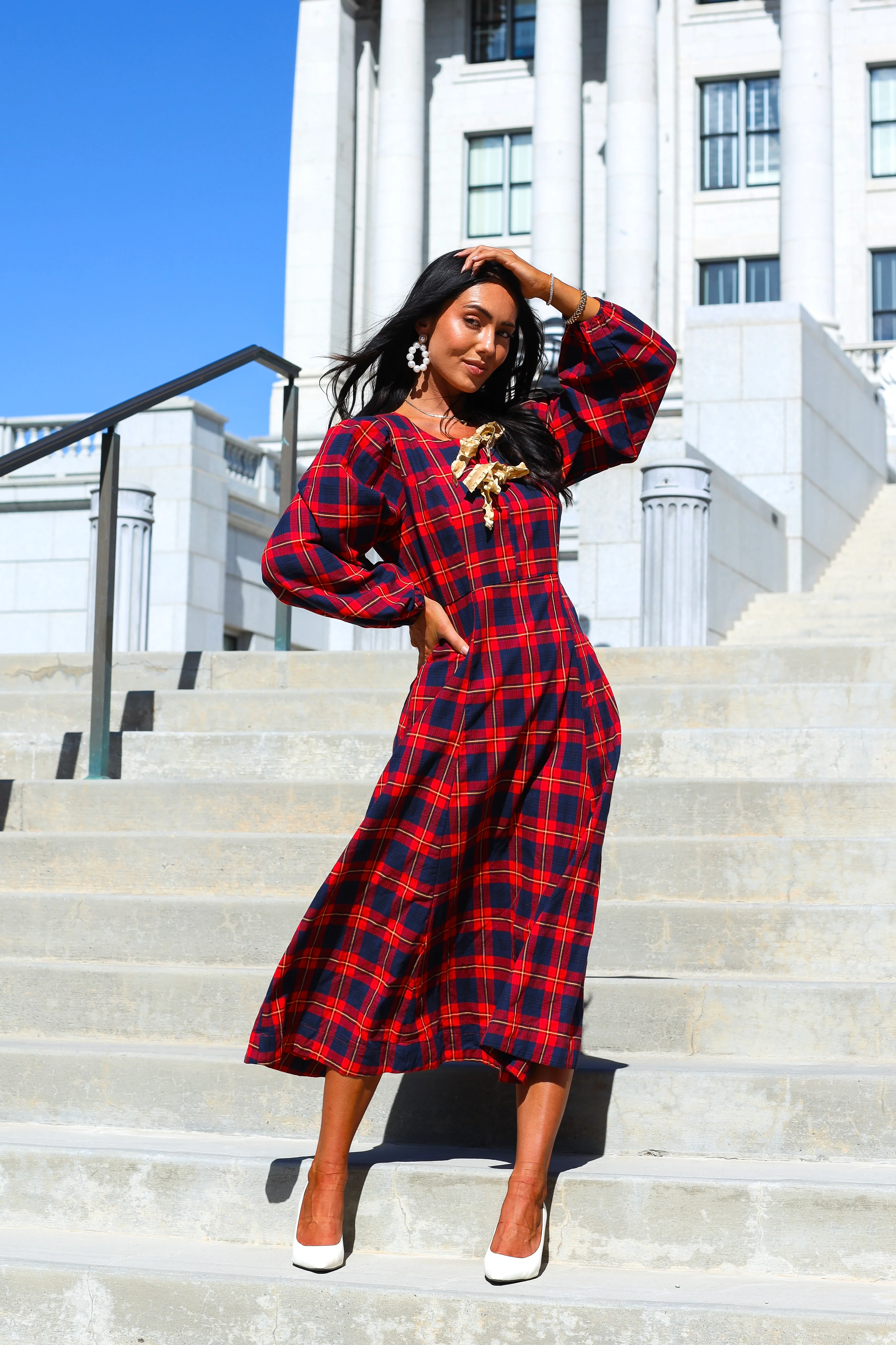 The Joans Holly Red/Navy/Gold Plaid Dresses - XNAUWBI