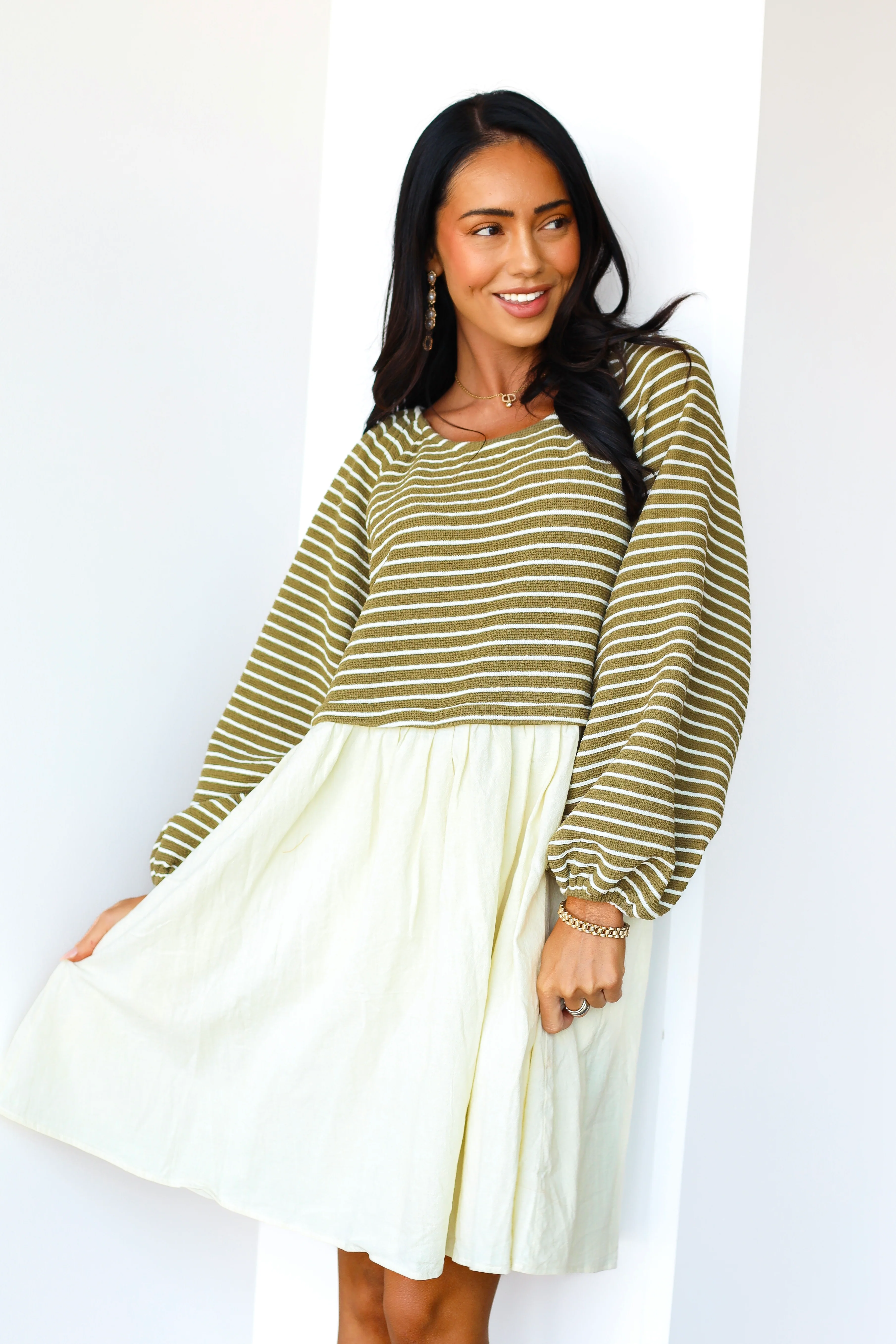 The Dawn Olive Stripe Dresses - XNAUWBI