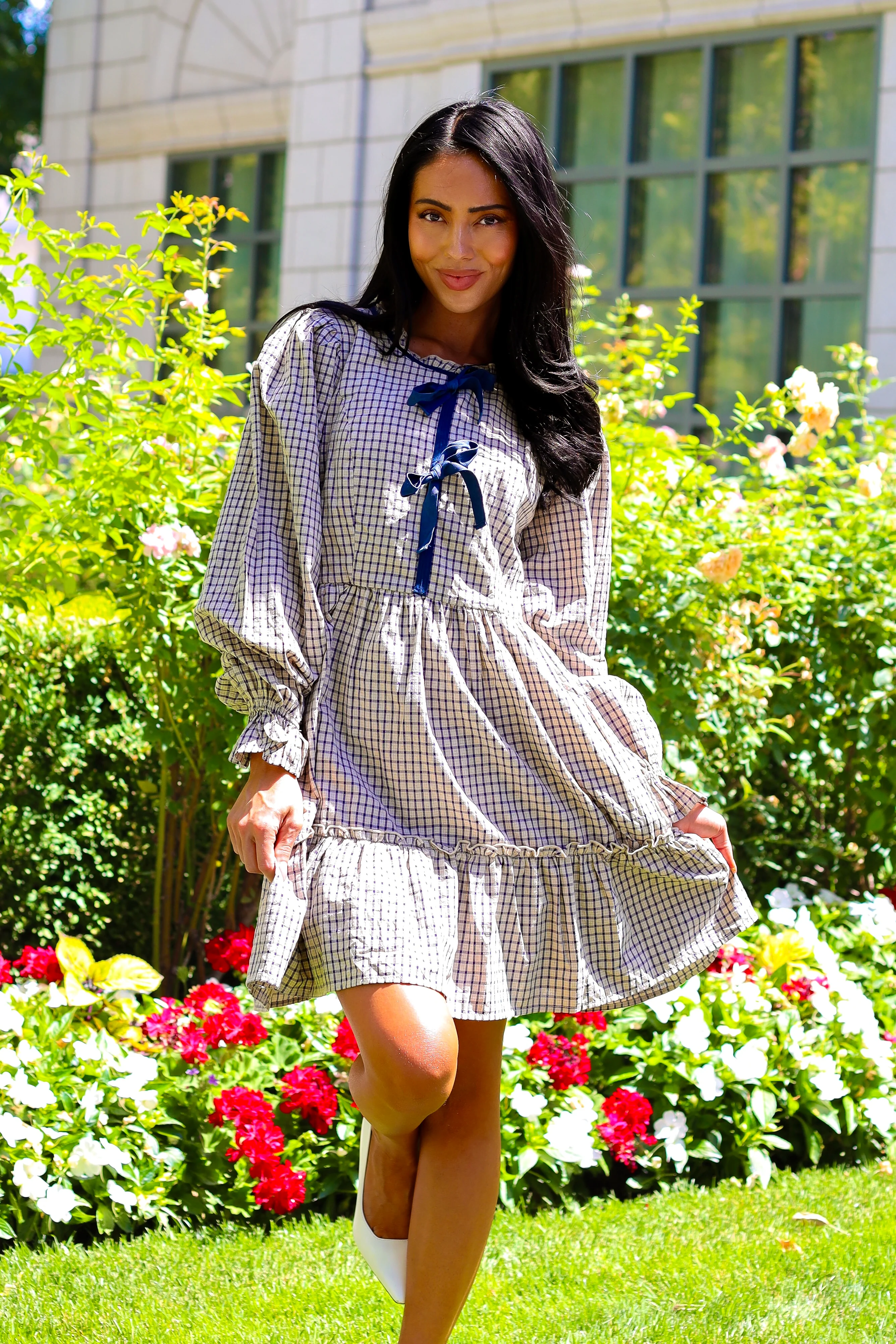 The Kemper Beige/Navy Plaid Dresses - XNAUWBI