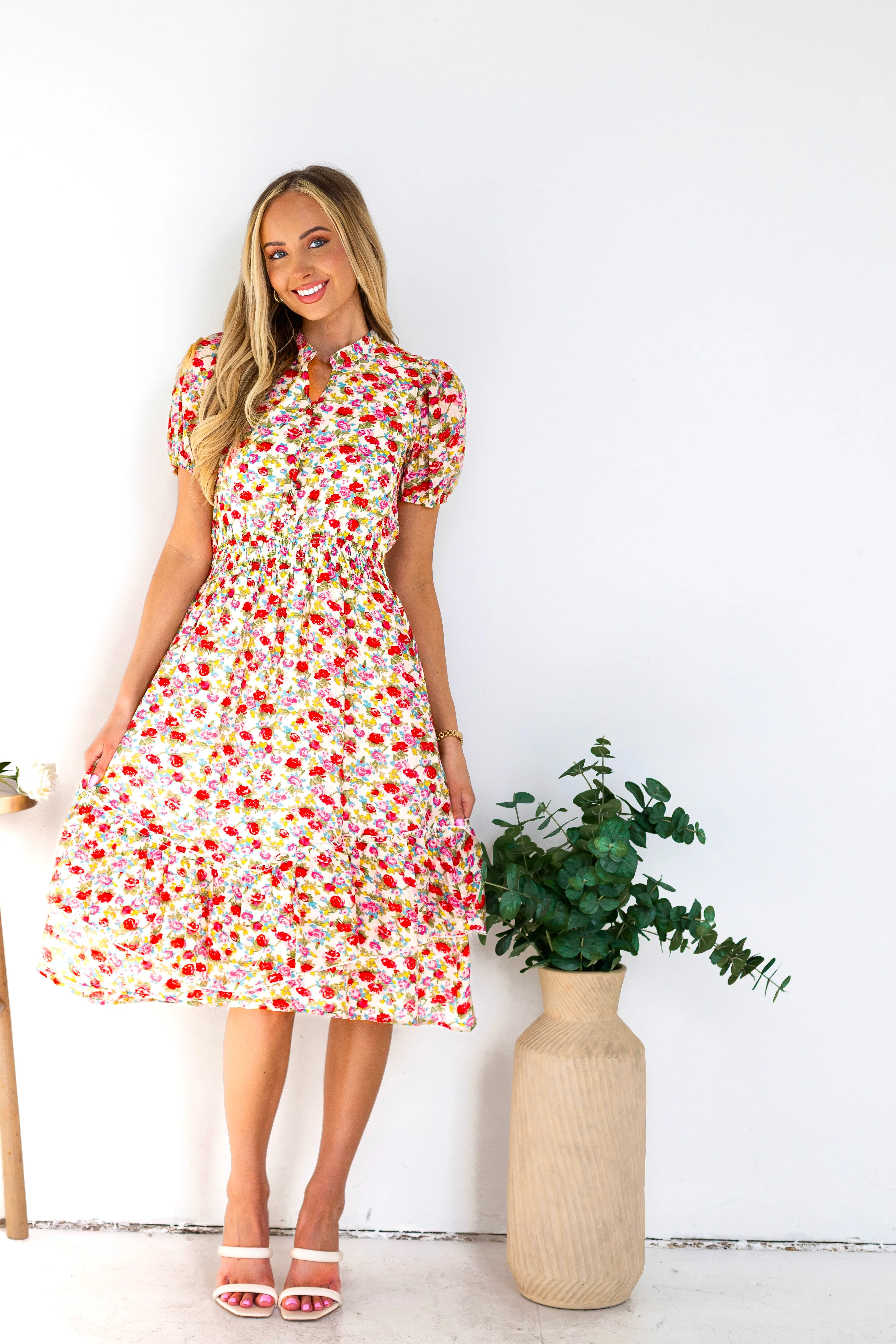The Candi Cream/Pink Floral Dresses - XNAUWBI