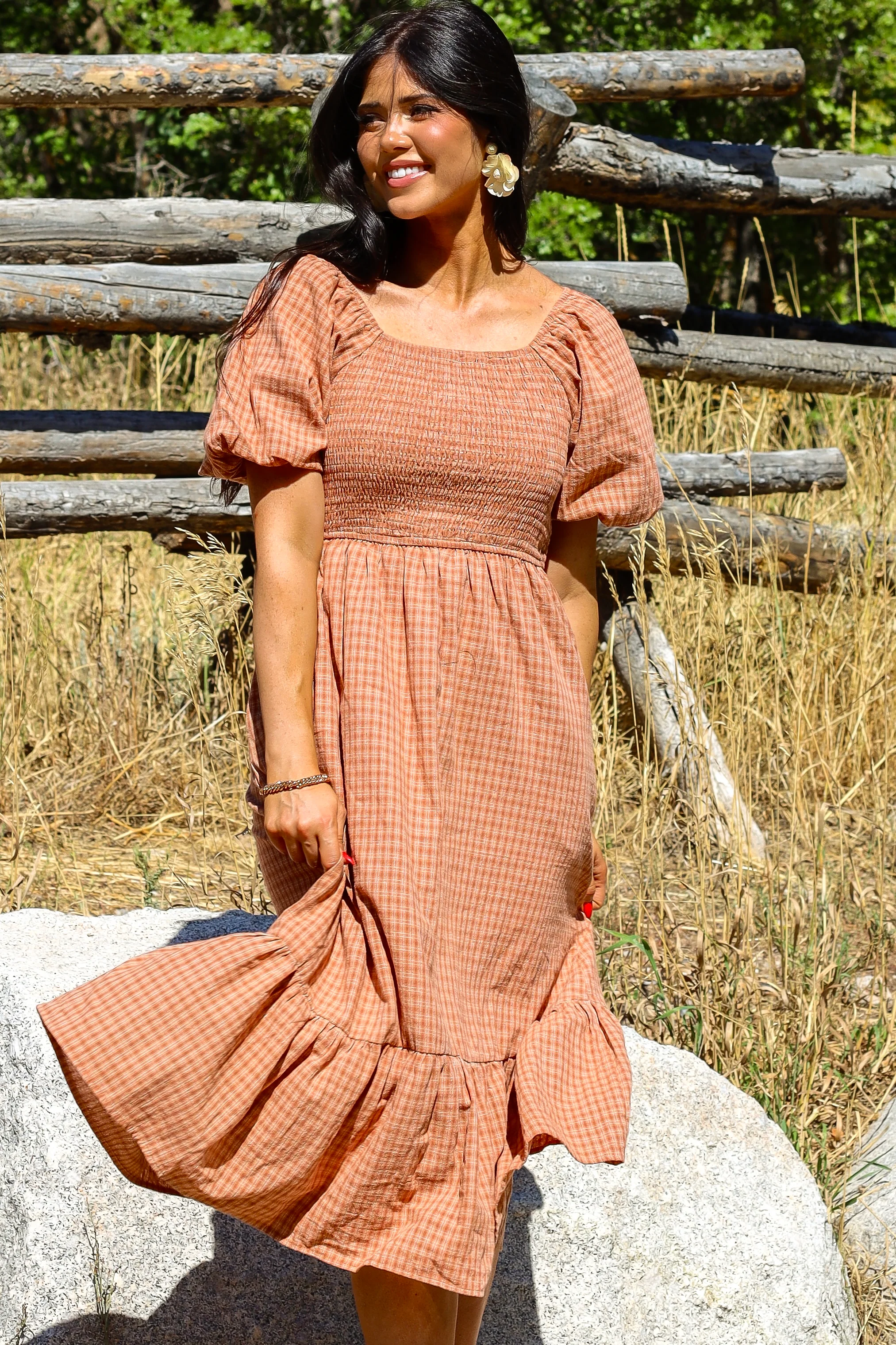 The Azra Light/Dark Clay Gingham Dresses - XNAUWBI