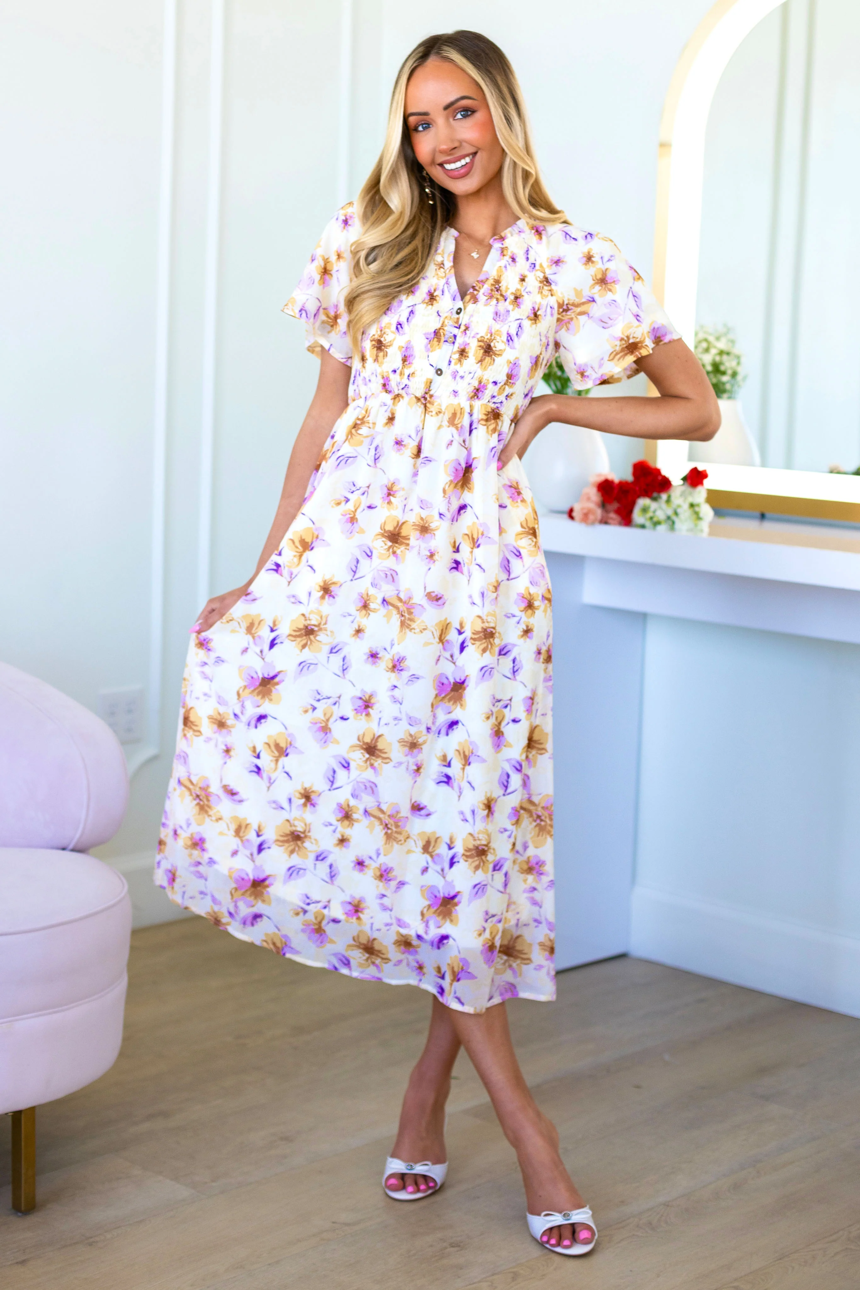 The Britley Pale Yellow/Lavender Floral Dresses - XNAUWBI