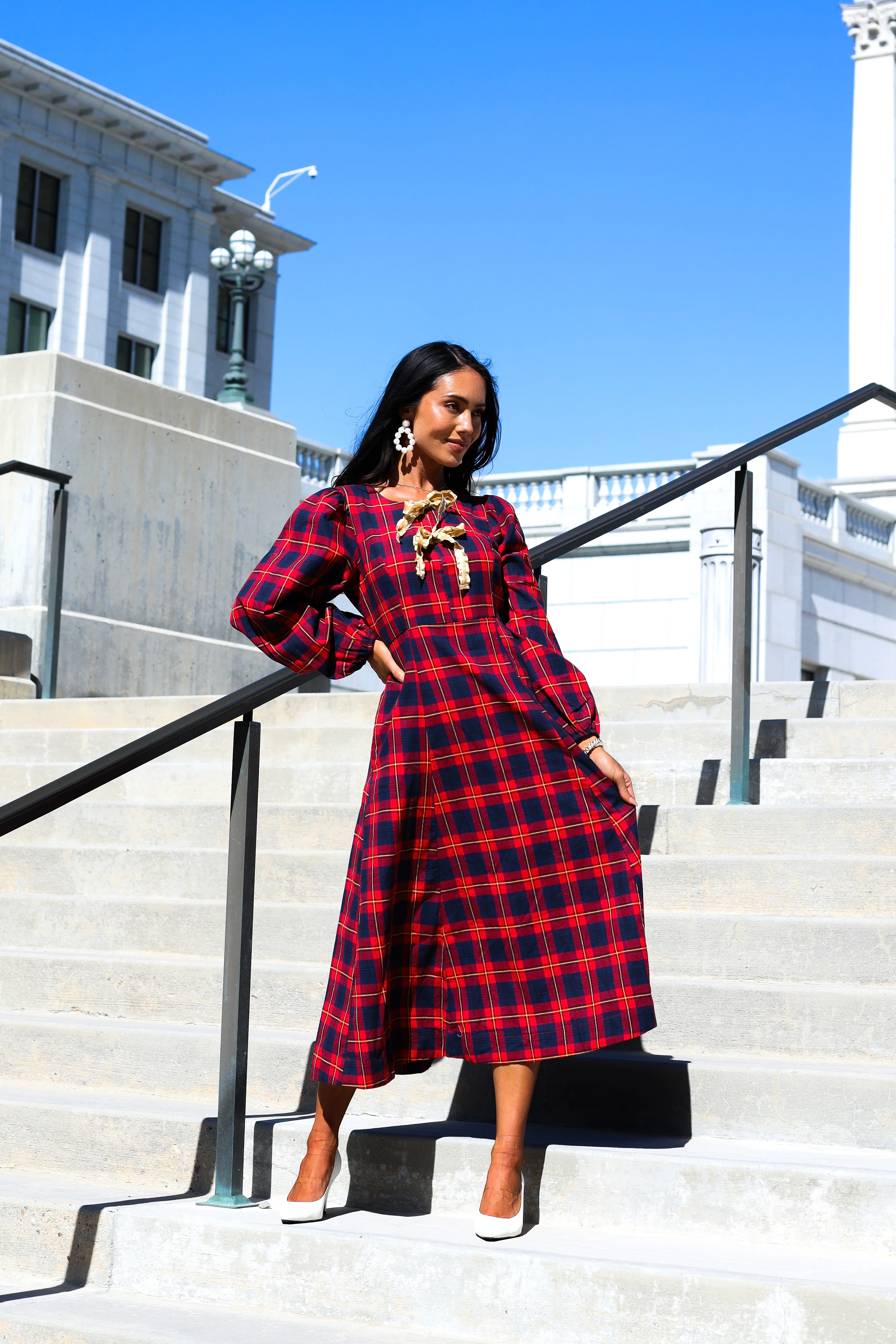 The Joans Holly Red/Navy/Gold Plaid Dresses - XNAUWBI