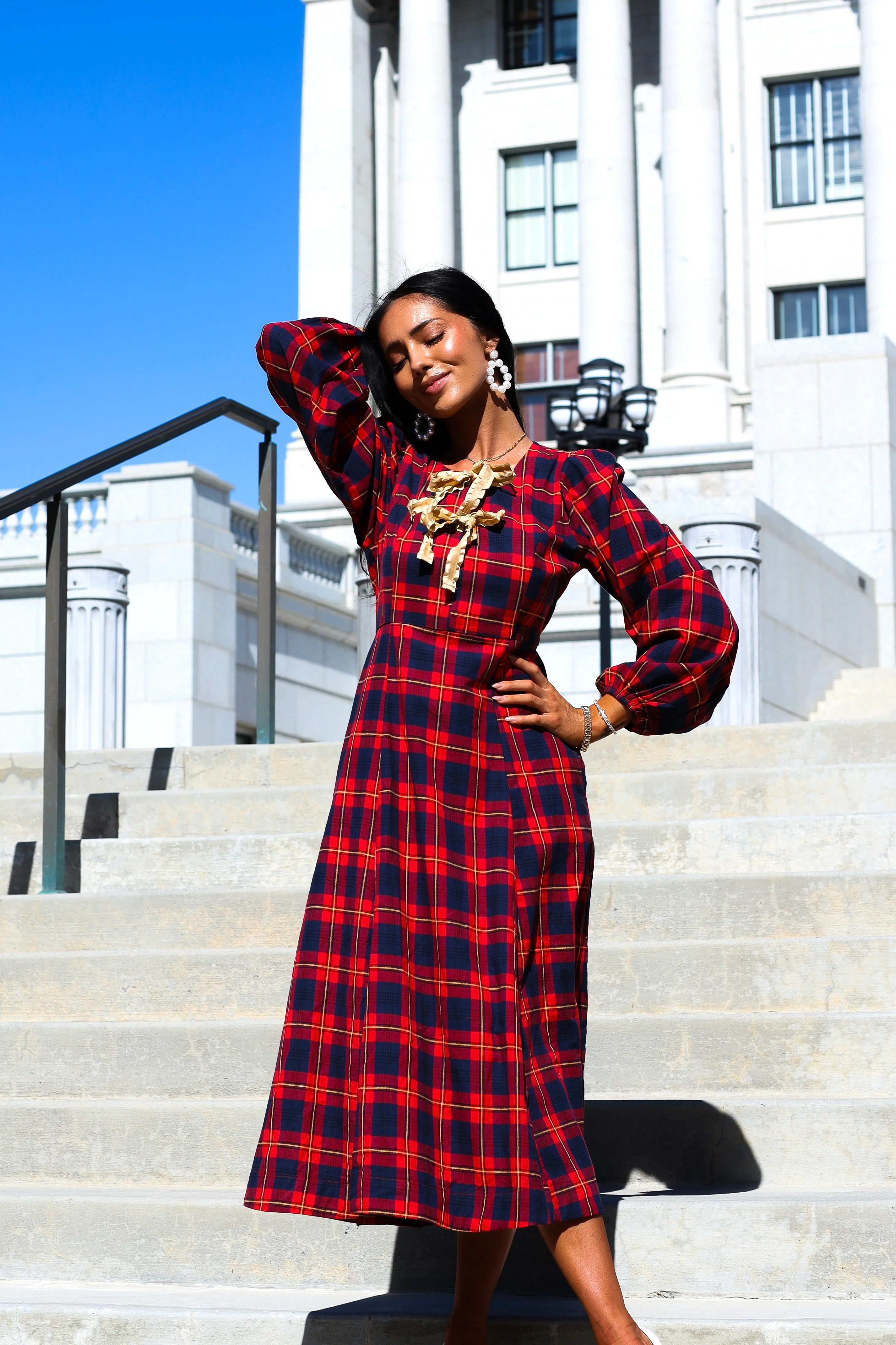 The Joans Holly Red/Navy/Gold Plaid Dresses - XNAUWBI