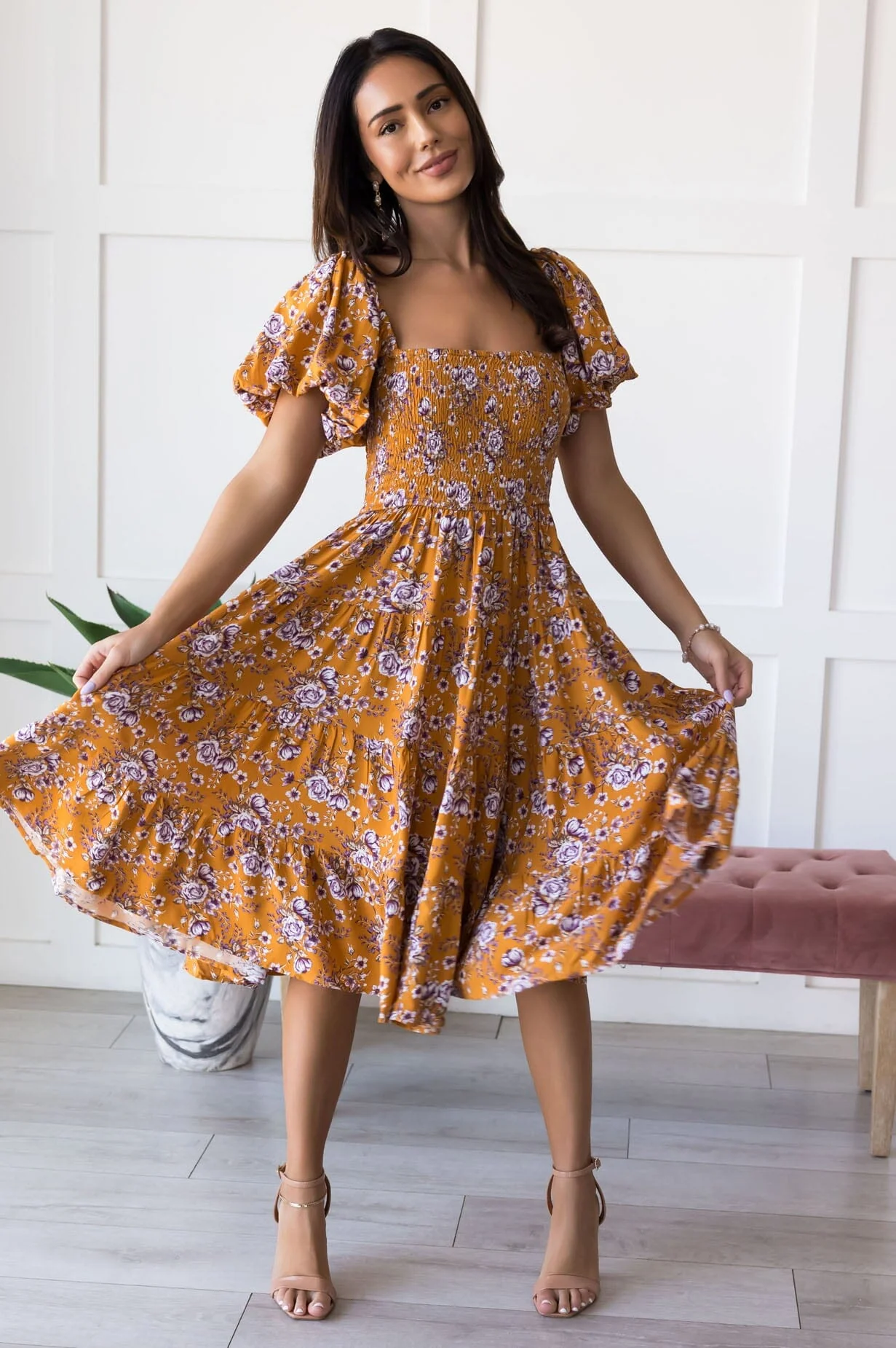 The Carolleen Pumpkin Floral Dresses - XNAUWBI