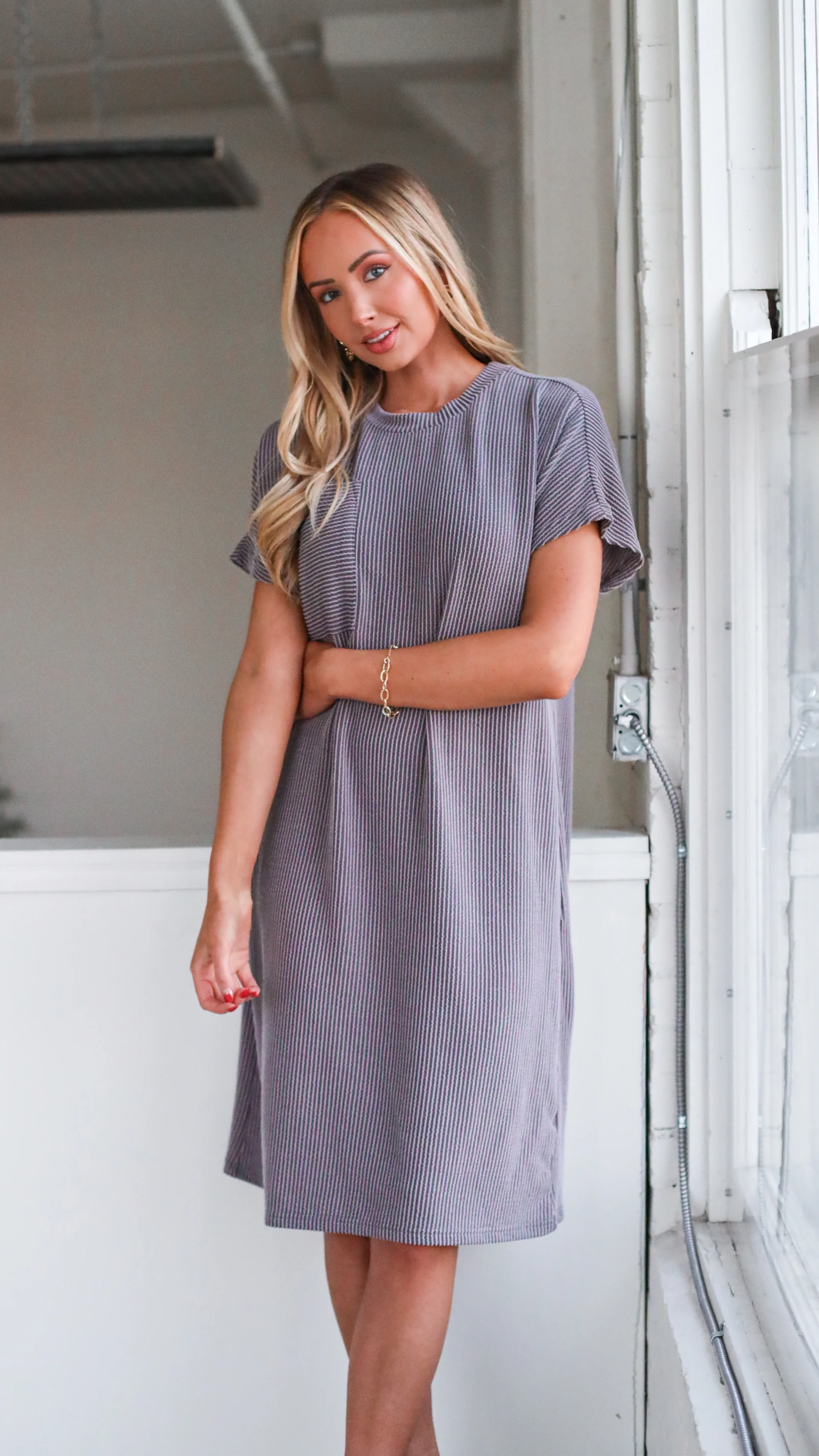 The Lou Charcoal Stripe Dresses - XNAUWBI