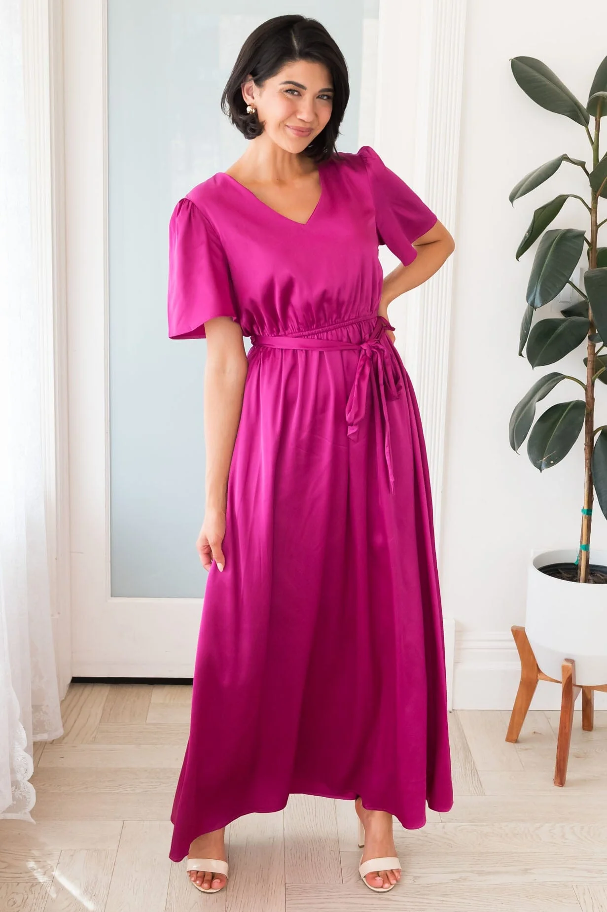 The Mathilda Magenta Lustre Shiny Satin Dresses - XNAUWBI