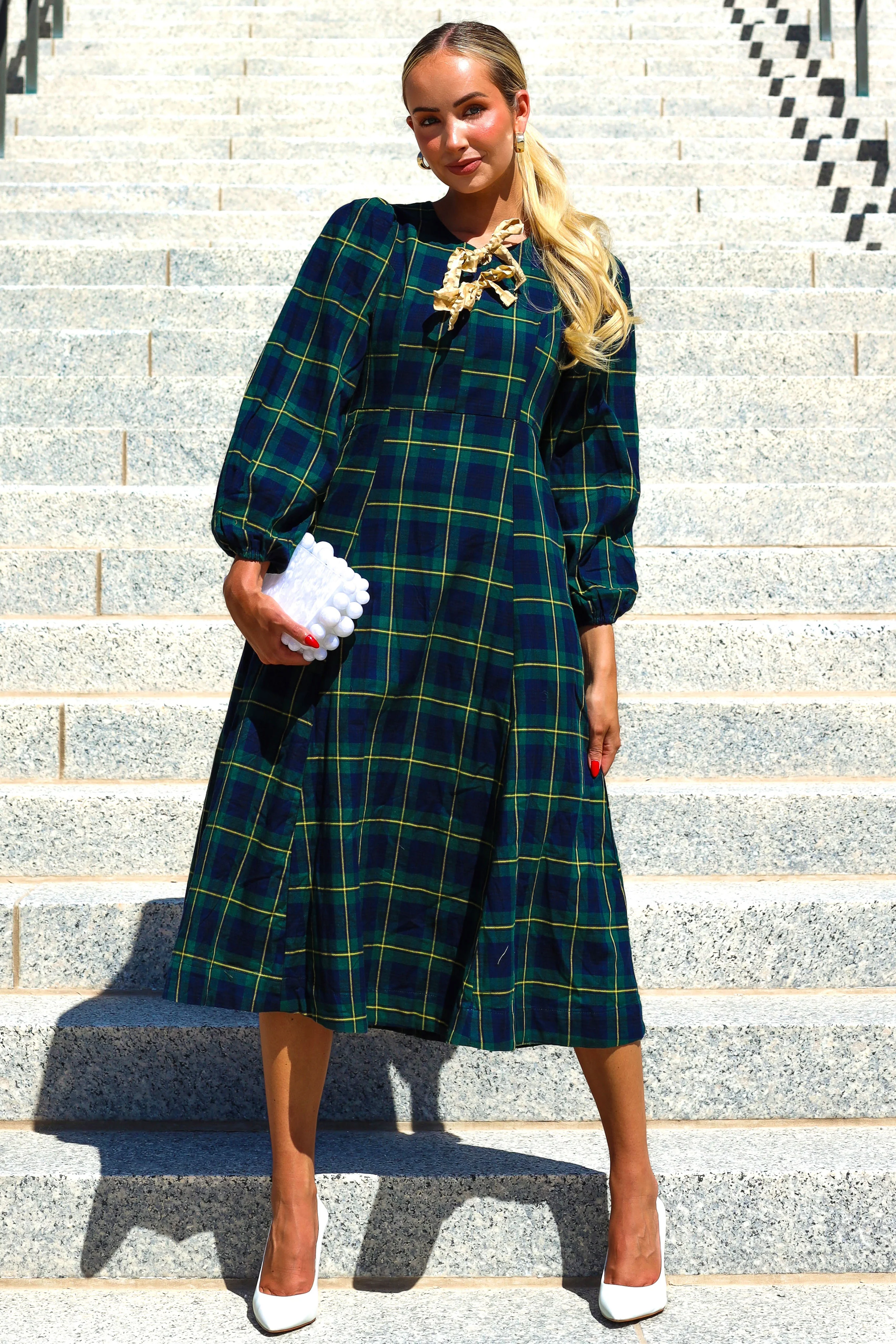 The Joans Evergreen/Navy/Gold Plaid Dresses - XNAUWBI