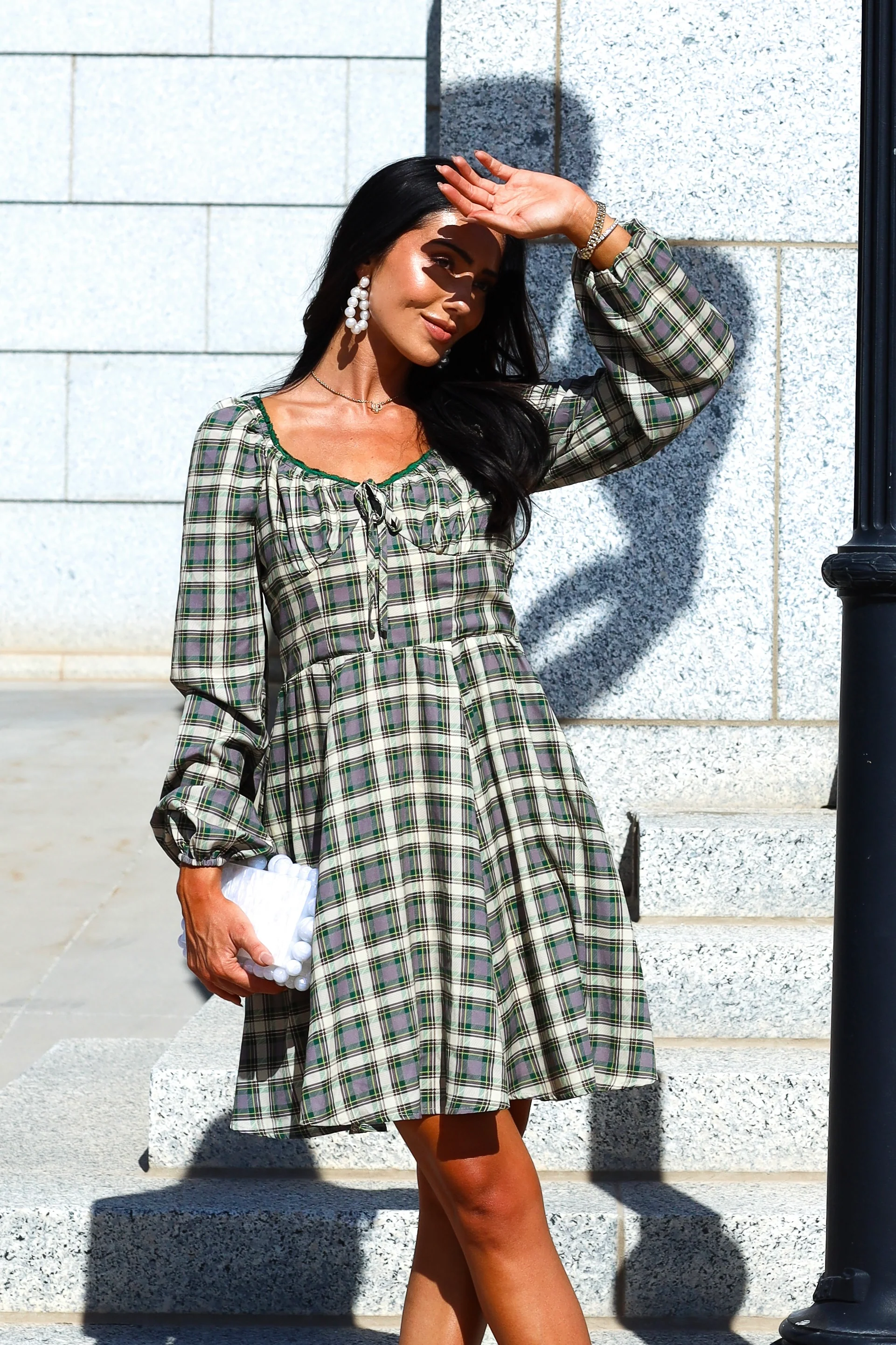 The Lionne Evergreen/Grey/Beige Plaid Dresses - XNAUWBI