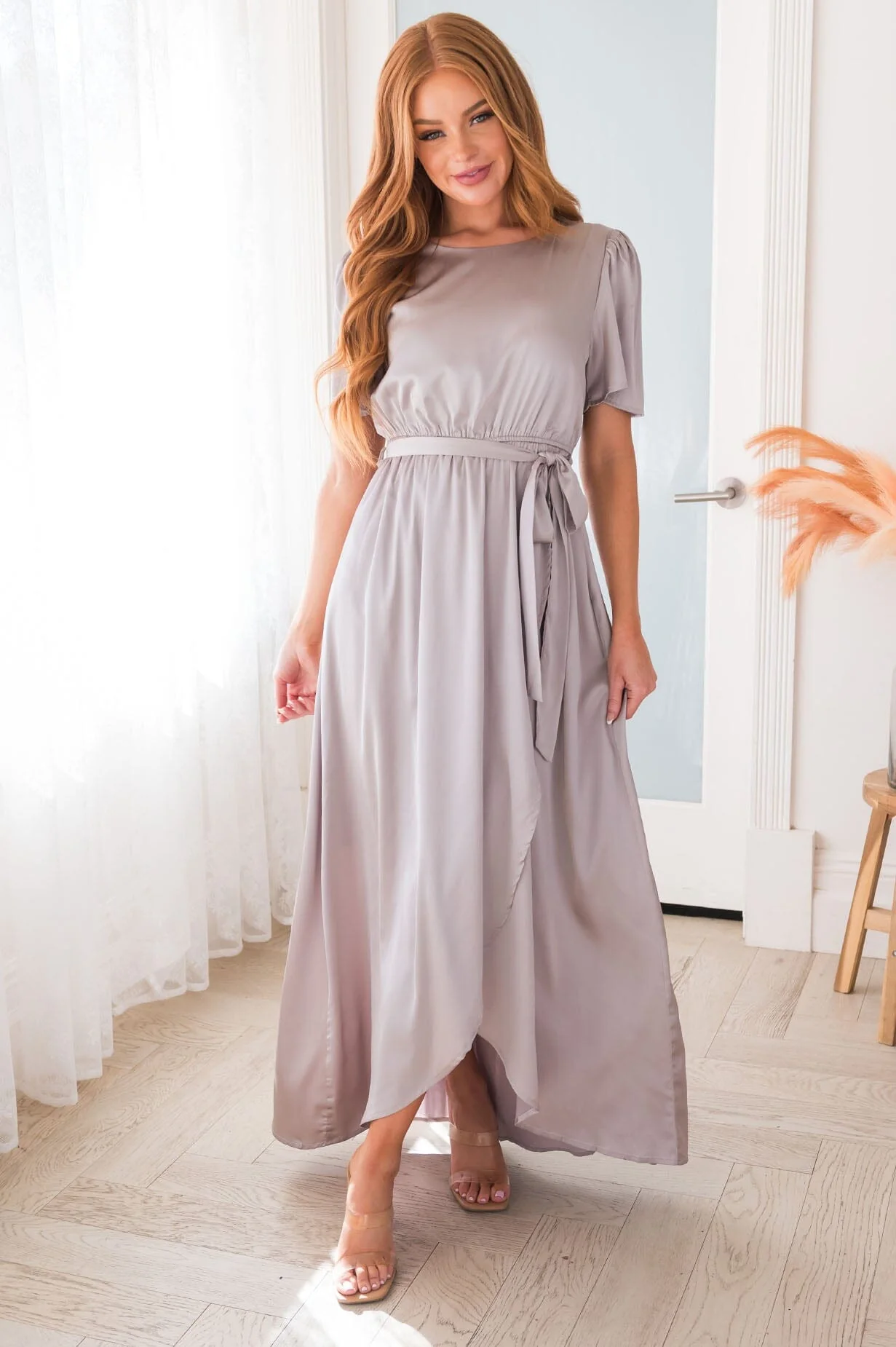 The Pristine Gray Lustre Shiny Satin Dresses - XNAUWBI