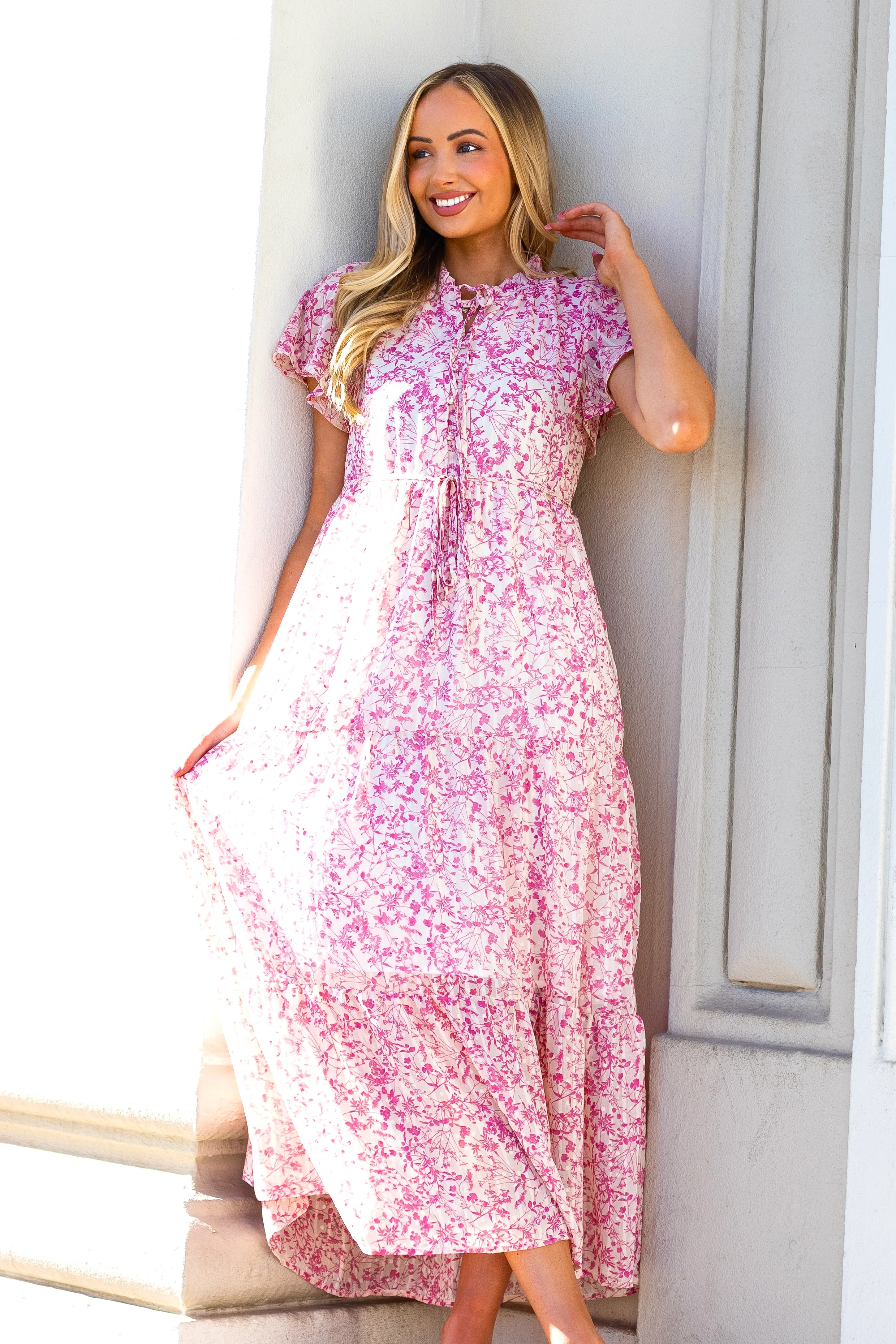 The Helena Ivory w/ Pink Floral Dresses - XNAUWBI