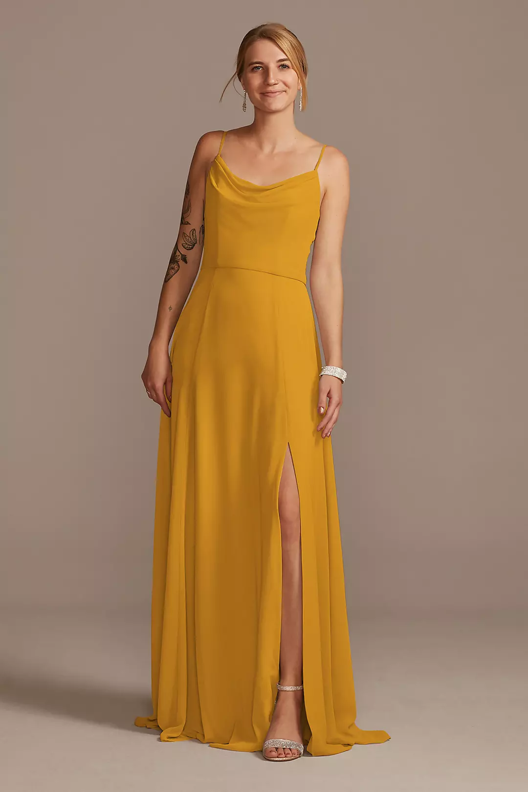 Cowl Neck Chiffon Dress with Slit Dress - XNAUWBI