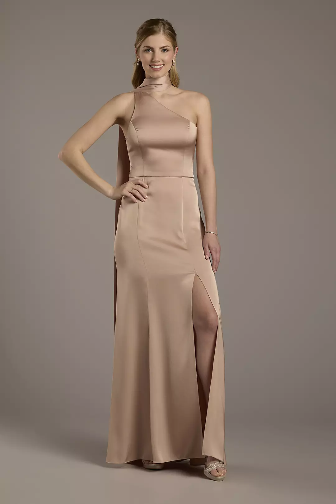 Matte Satin One-Shoulder A-Line Dress with Scarf Dress - XNAUWBI