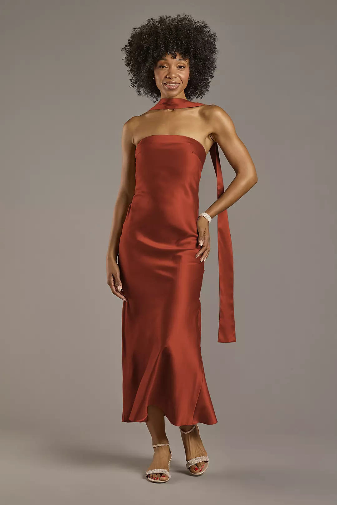 Strapless Charmeuse Sheath Dress with Scarf Dress - XNAUWBI
