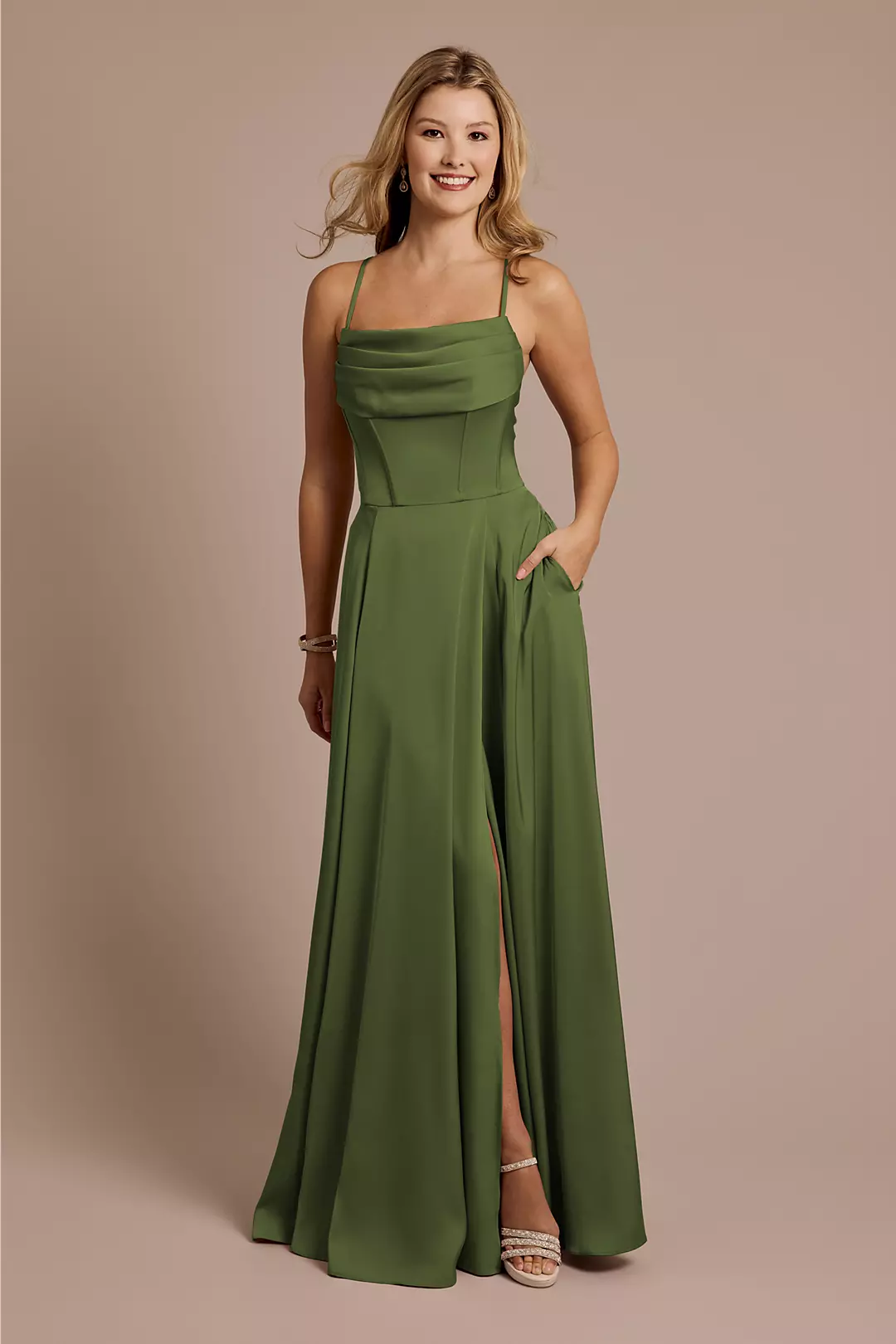 Matte Satin Cowl Neck Spaghetti Strap A-Line Dresses - XNAUWBI