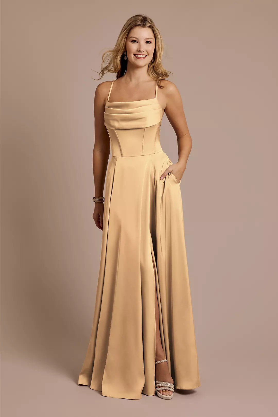 Matte Satin Cowl Neck Spaghetti Strap A-Line Dresses - XNAUWBI