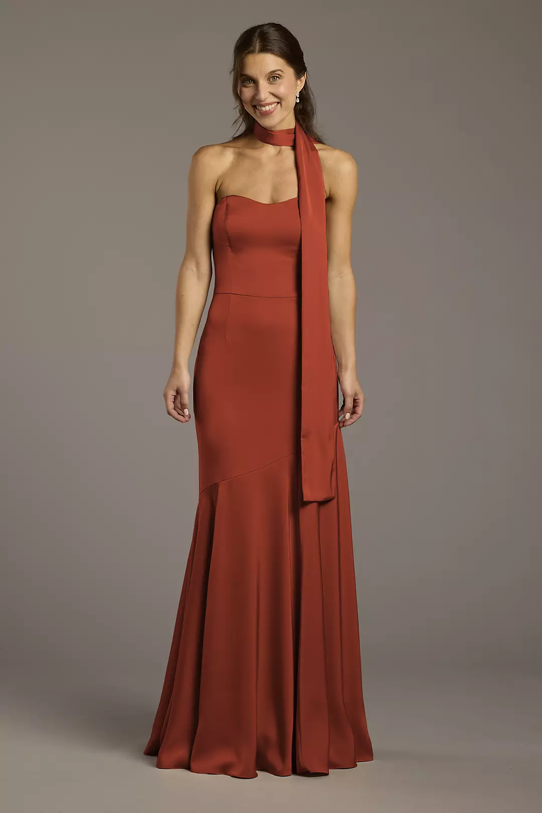 Matte Satin Strapless Sweetheart Dress with Scarf Dress - XNAUWBI