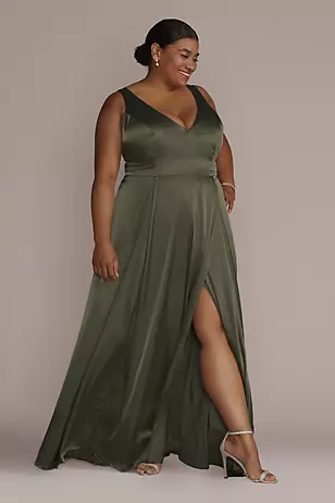 Charmeuse Tank V-Neck Dress with Slit Dress - XNAUWBI