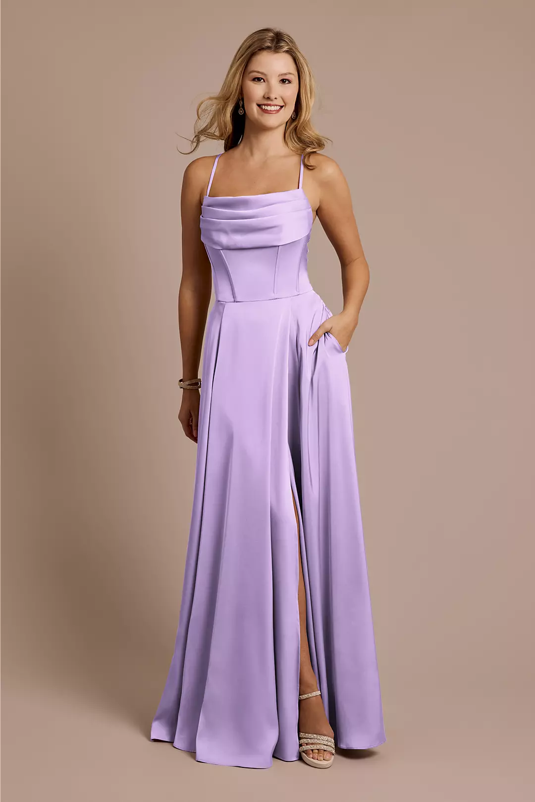 Matte Satin Cowl Neck Spaghetti Strap A-Line Dresses - XNAUWBI