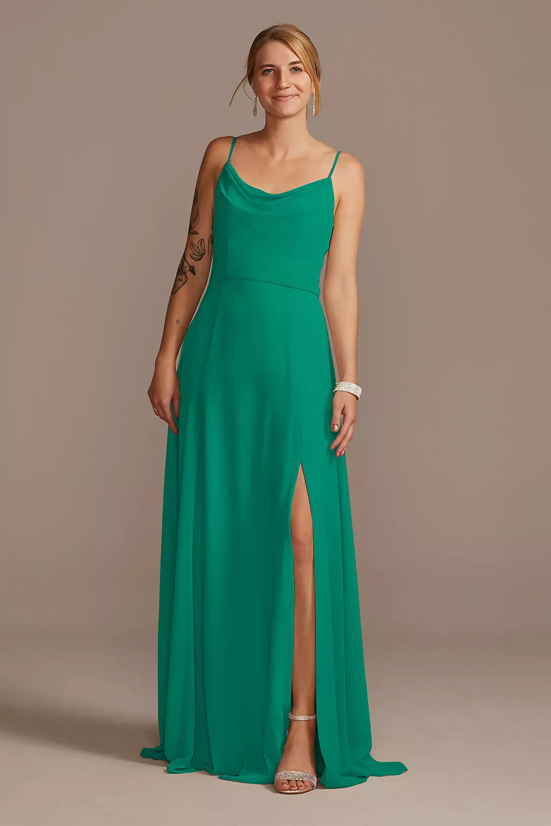 Cowl Neck Chiffon Dress with Slit Dress - XNAUWBI