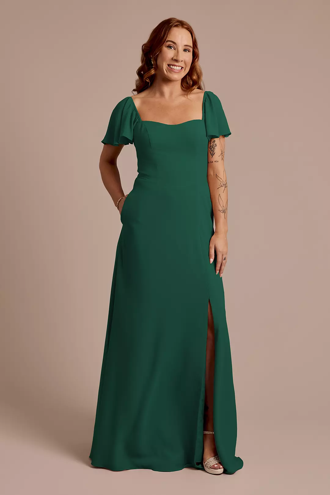 Chiffon Flutter Sleeve Dress with Basque Waist Dress - XNAUWBI