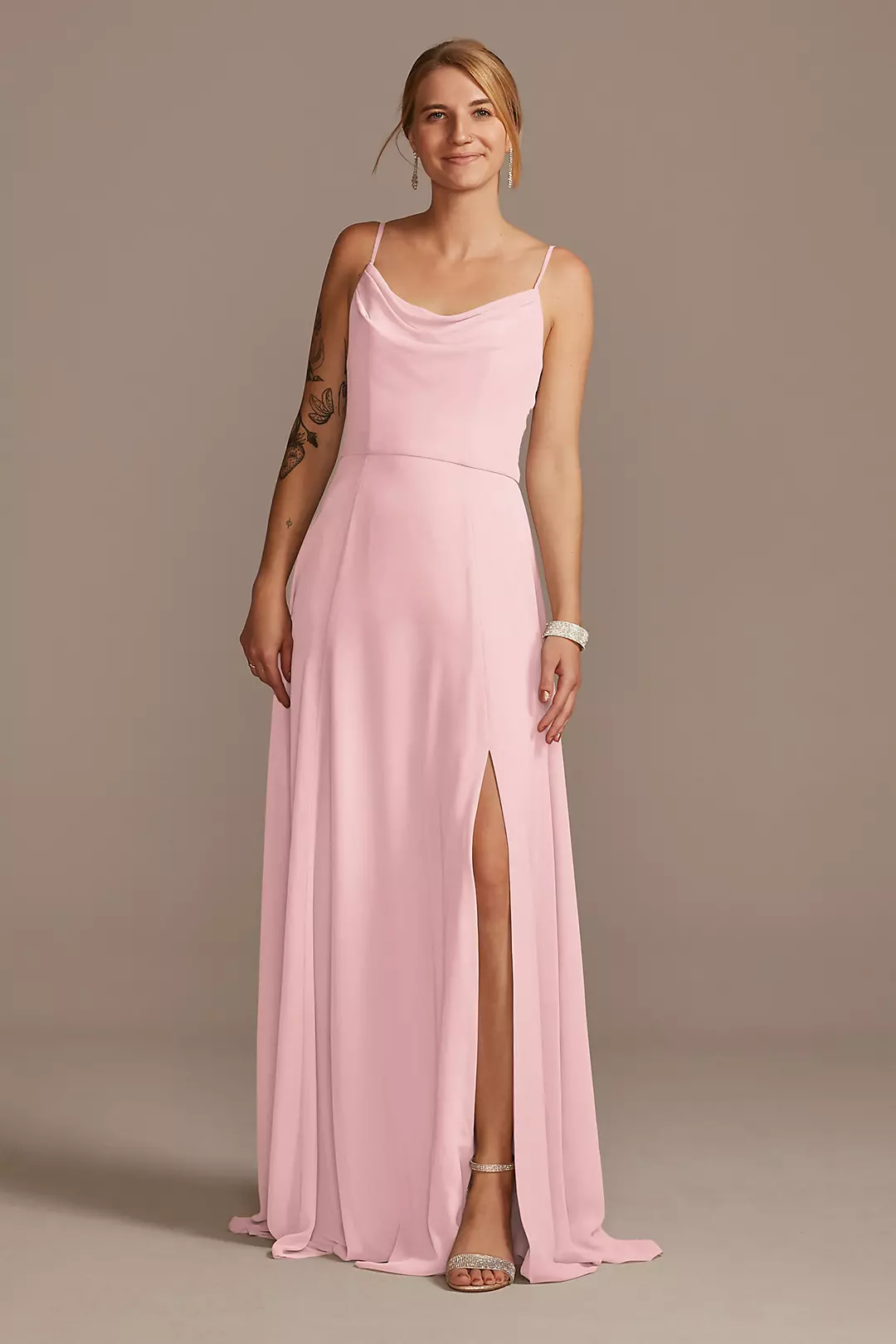 Cowl Neck Chiffon Dress with Slit Dress - XNAUWBI