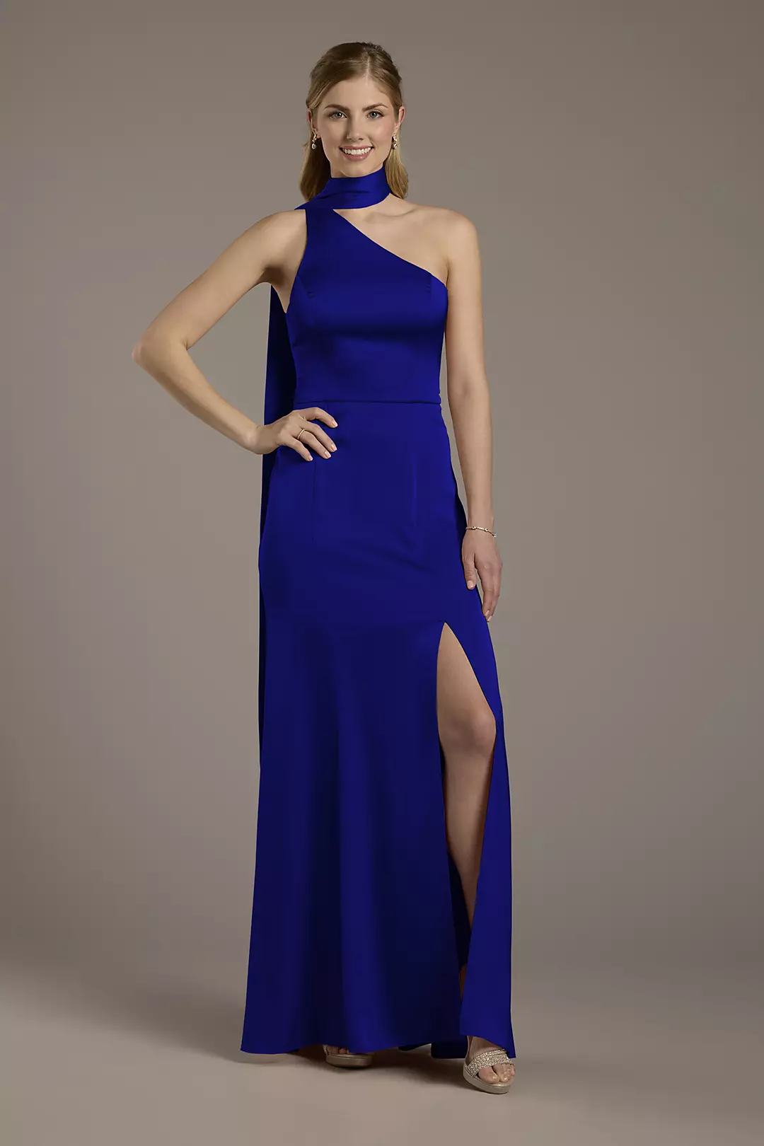 Matte Satin One-Shoulder A-Line Dress with Scarf Dress - XNAUWBI