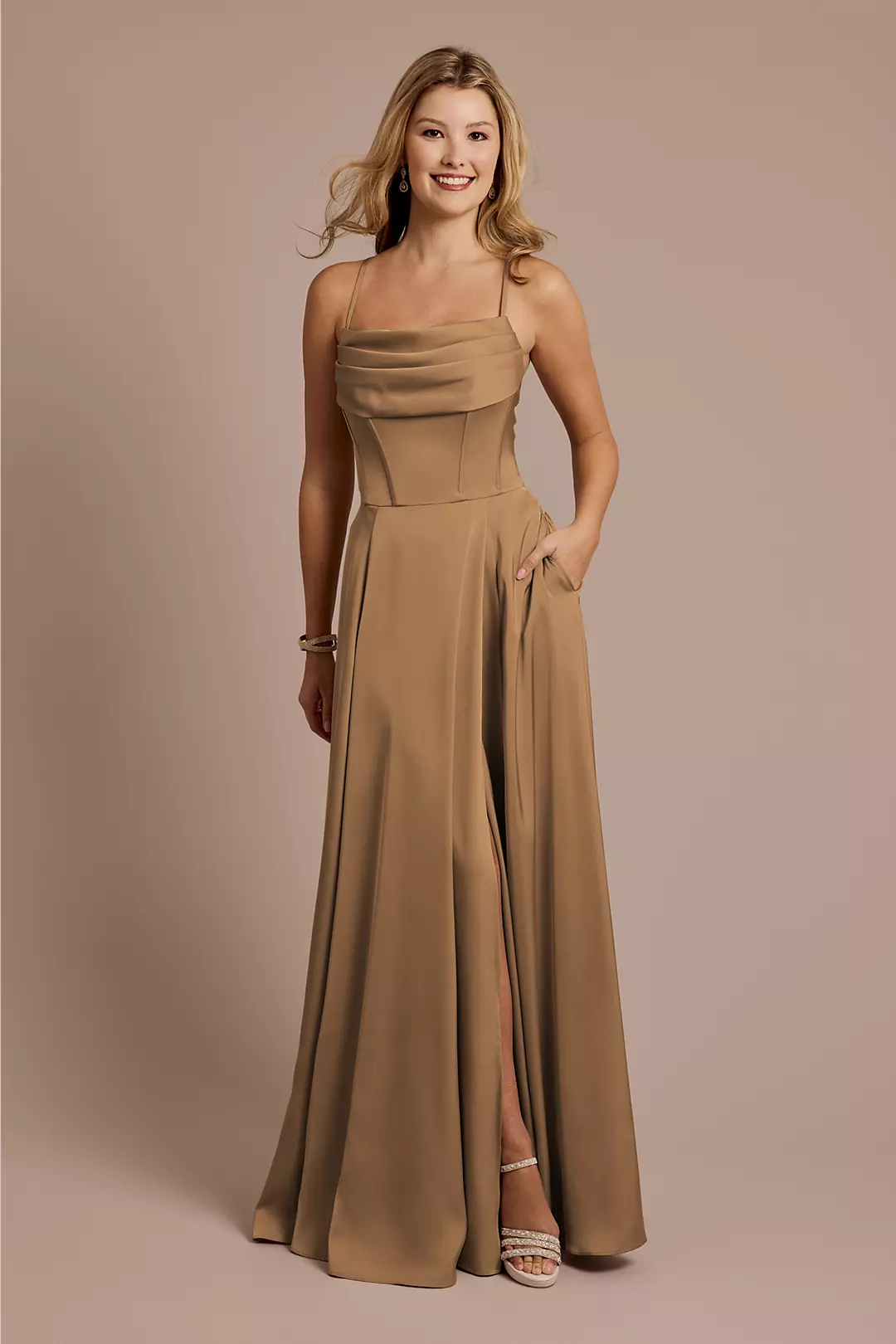 Matte Satin Cowl Neck Spaghetti Strap A-Line Dresses - XNAUWBI