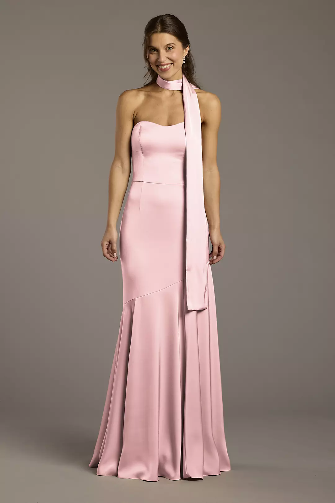 Matte Satin Strapless Sweetheart Dress with Scarf Dress - XNAUWBI